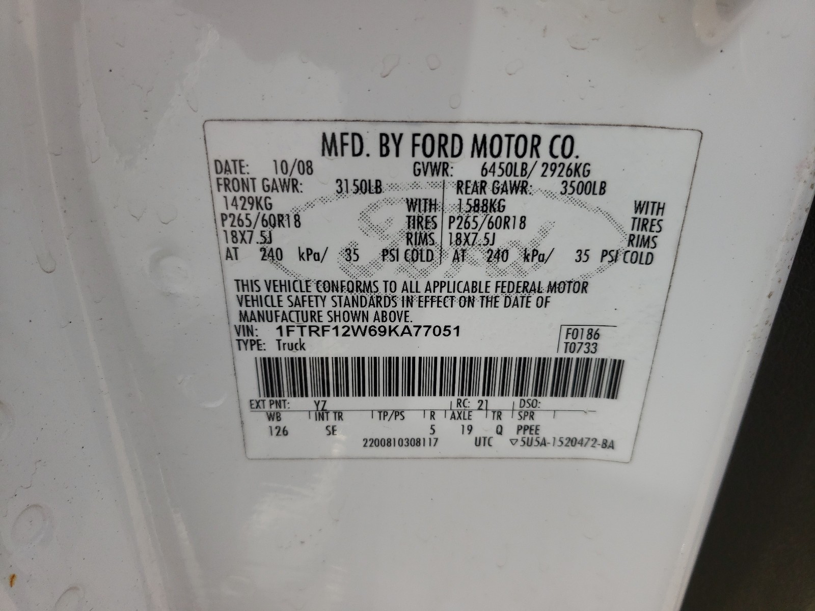 Photo 10 from auction – 2009 FORD F150 with VIN 1FTRF12W69KA77051