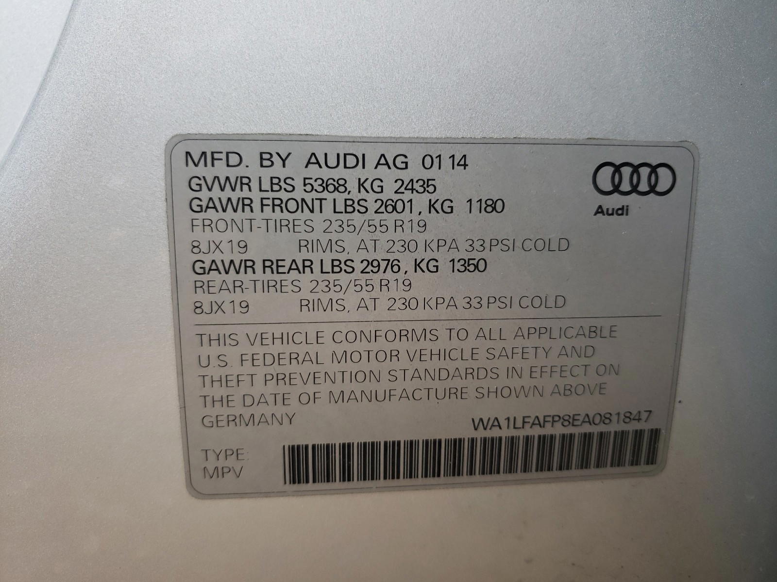 Photo 10 from auction – 2014 AUDI Q5 PREMIUM with VIN WA1LFAFP8EA081847