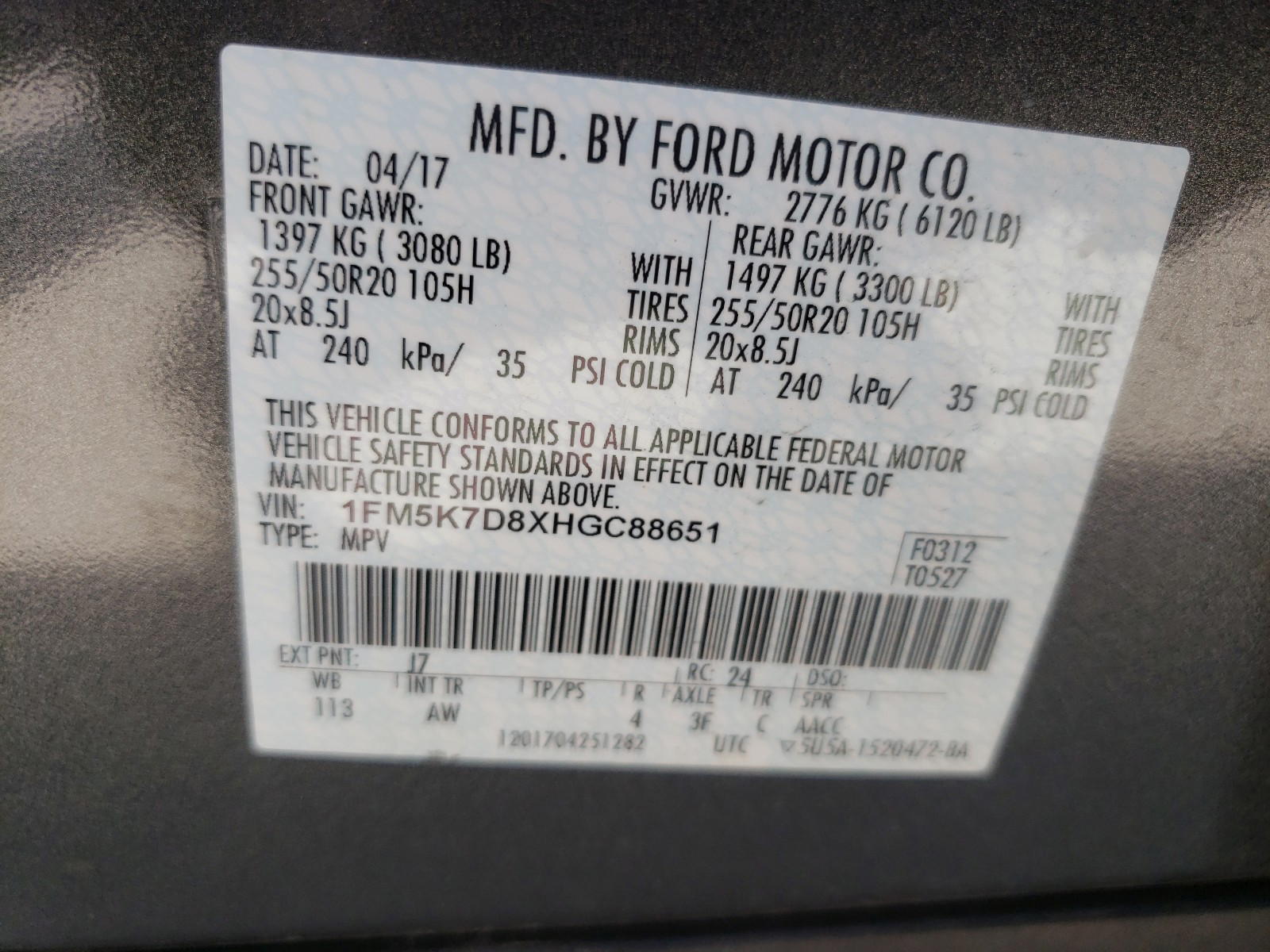 Photo 10 from auction – 2017 FORD EXPLORER X with VIN 1FM5K7D8XHGC88651