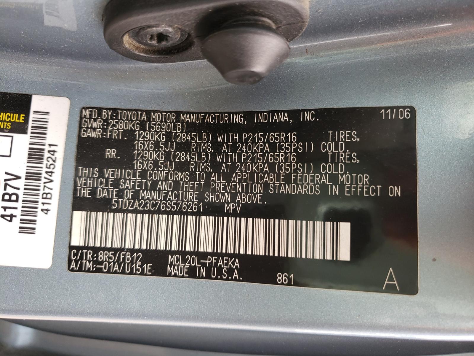 Photo 10 from auction – 2006 TOYOTA SIENNA CE with VIN 5TDZA23C76S576261