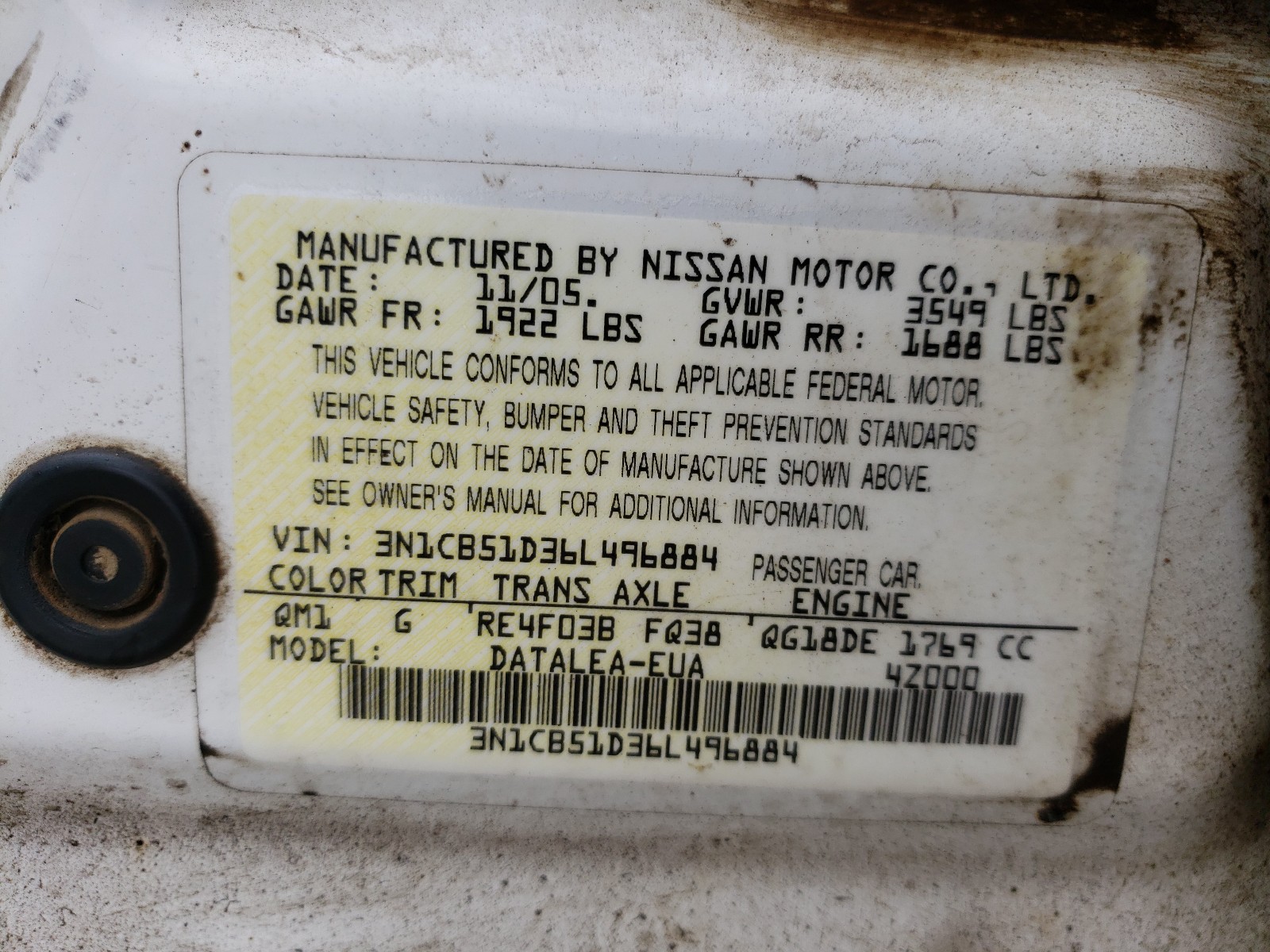 Photo 10 from auction – 2006 NISSAN SENTRA with VIN 3N1CB51D36L496884