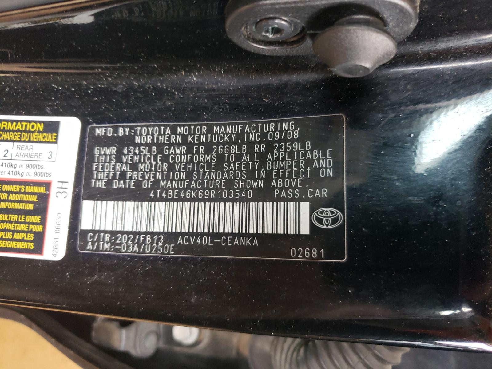 Photo 10 from auction – 2009 TOYOTA CAMRY BASE with VIN 4T4BE46K69R103540