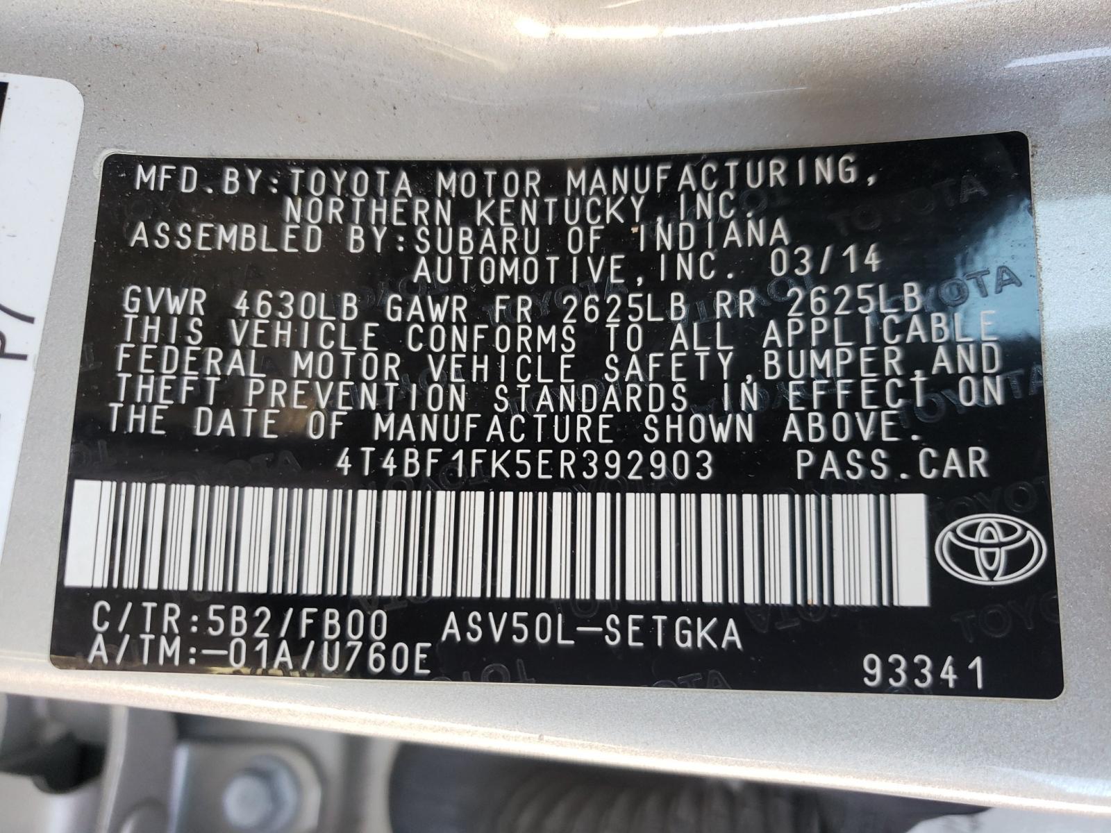 Photo 10 from auction – 2014 TOYOTA CAMRY L with VIN 4T4BF1FK5ER392903