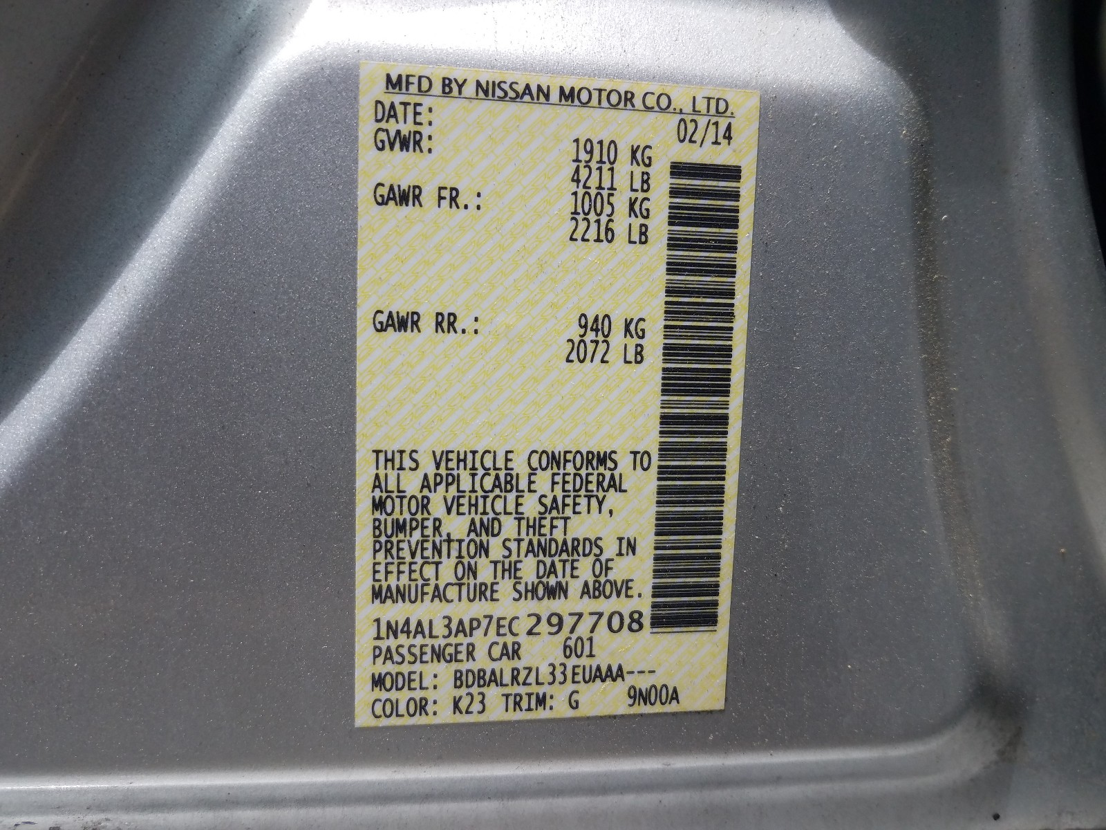 Photo 10 from auction – 2014 NISSAN ALTIMA 2.5 with VIN 1N4AL3AP7EC297708