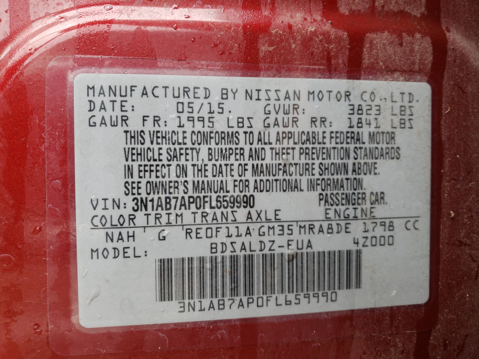 Photo 10 from auction – 2015 NISSAN SENTRA S with VIN 3N1AB7AP0FL659990