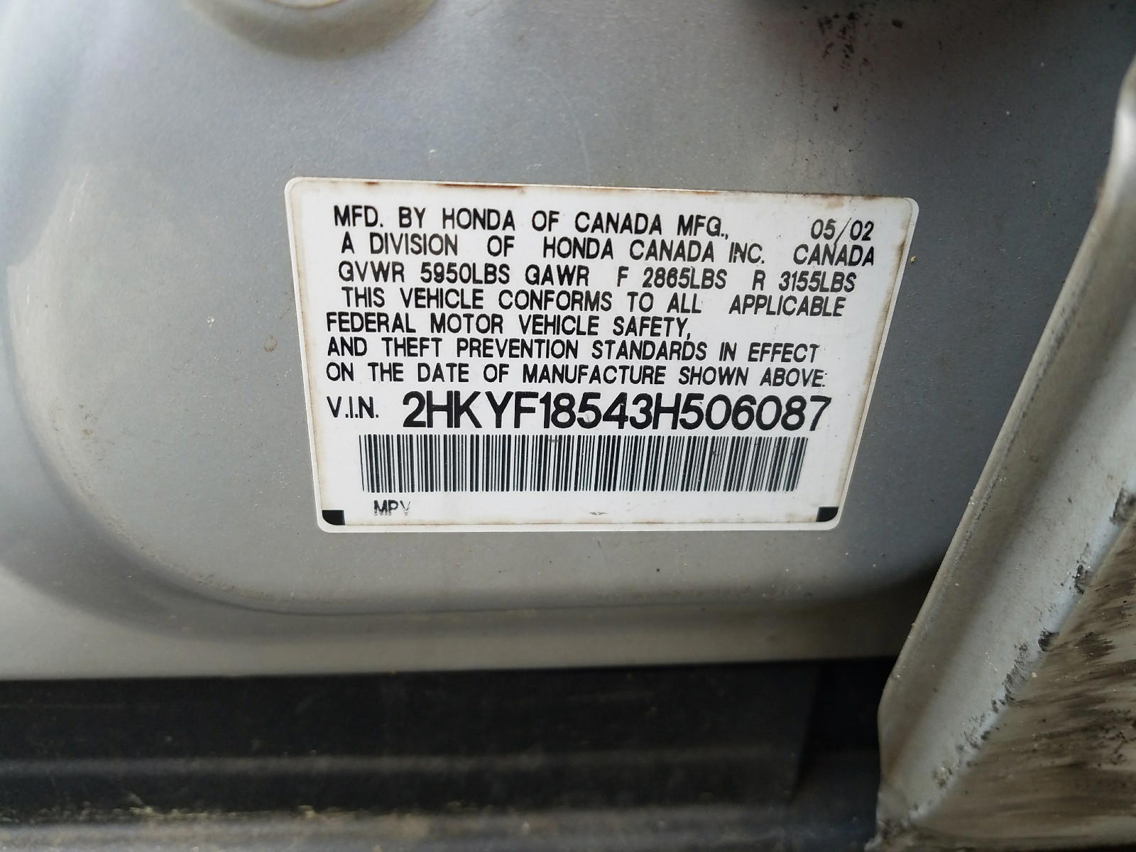 Photo 10 from auction – 2003 HONDA PILOT EXL with VIN 2HKYF18543H506087