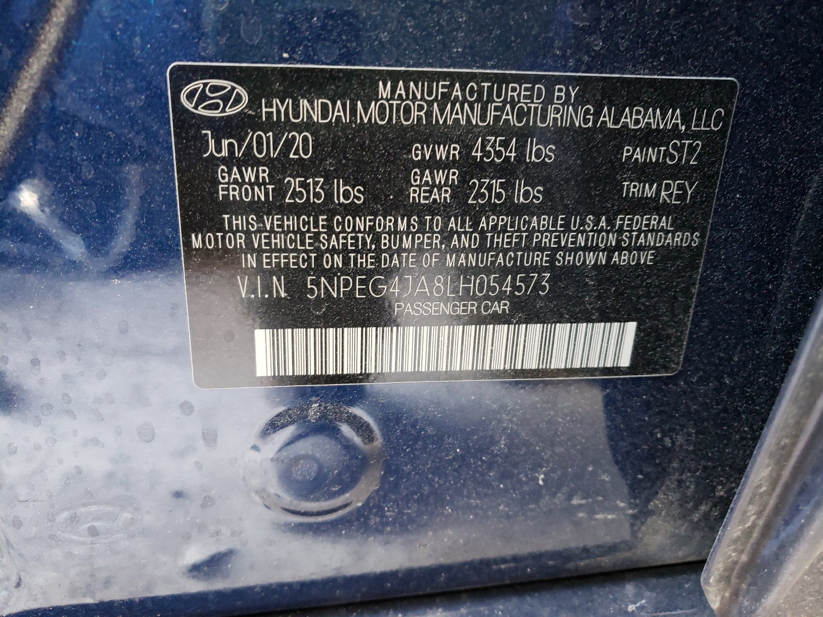 Photo 10 from auction – 2020 HYUNDAI SONATA SE with VIN 5NPEG4JA8LH054573