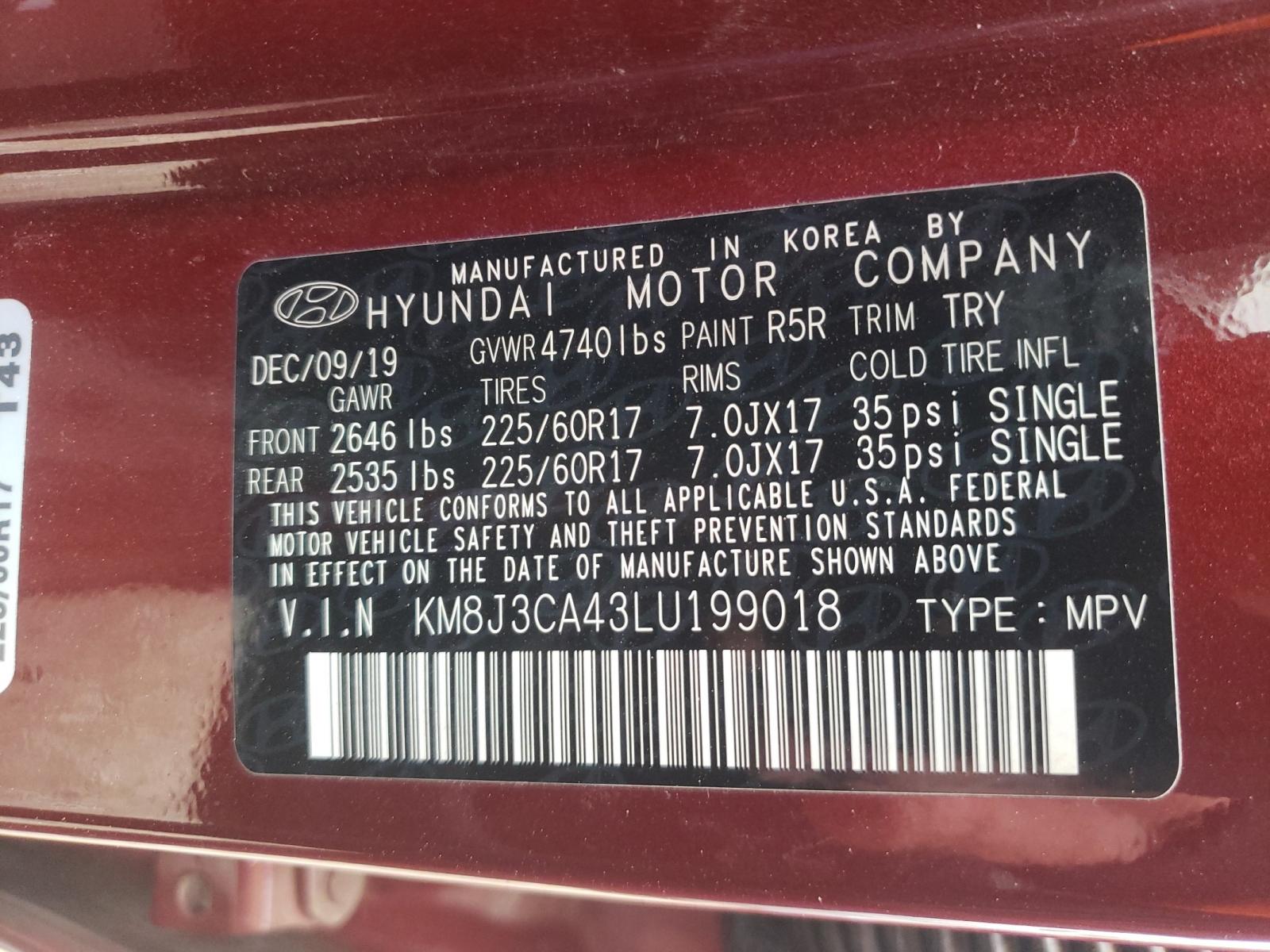 Photo 10 from auction – 2020 HYUNDAI TUCSON LIM with VIN KM8J3CA43LU199018