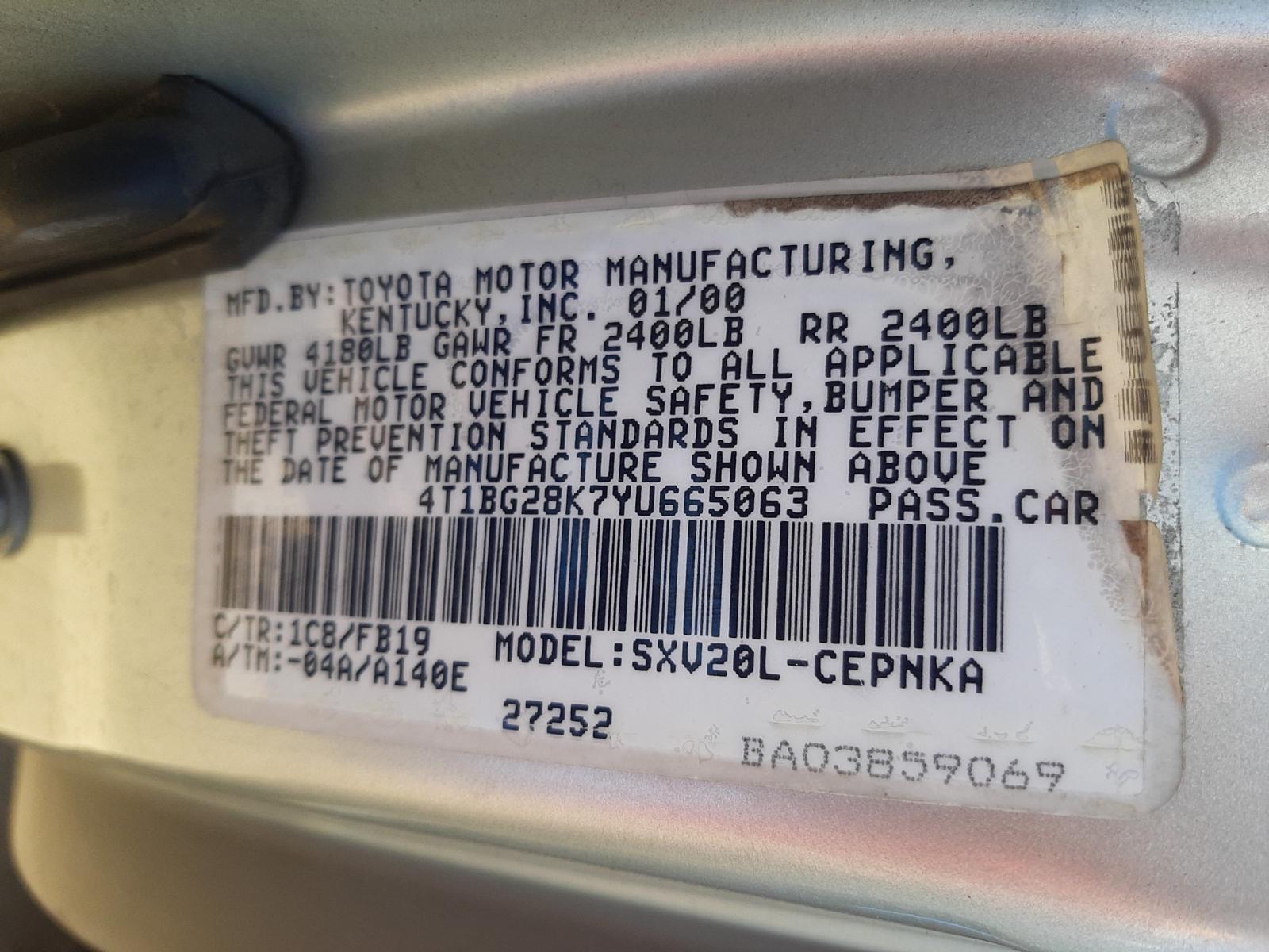Photo 10 from auction – 2000 TOYOTA CAMRY CE with VIN 4T1BG28K7YU665063