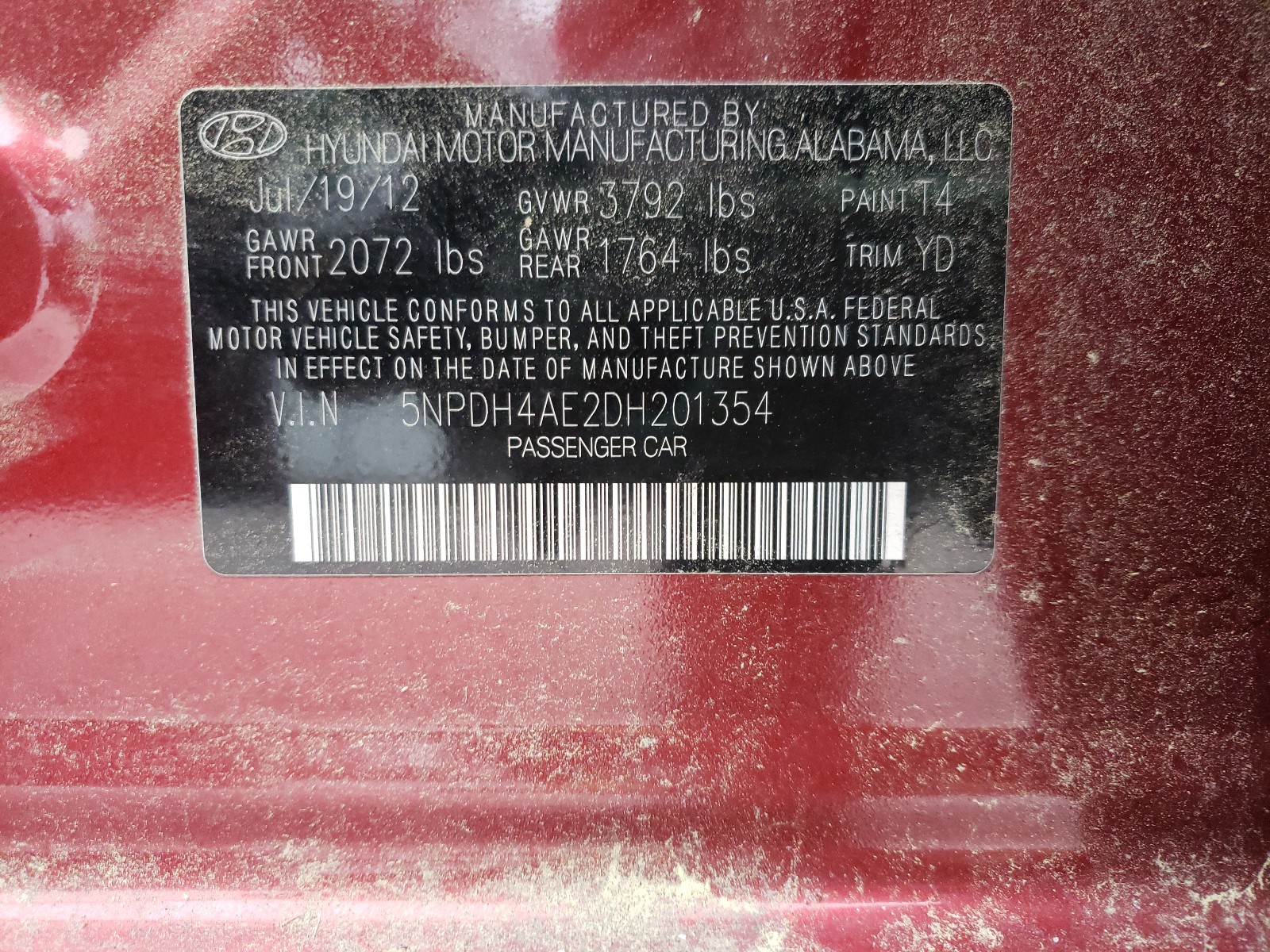Photo 10 from auction – 2013 HYUNDAI ELANTRA with VIN 5NPDH4AE2DH201354