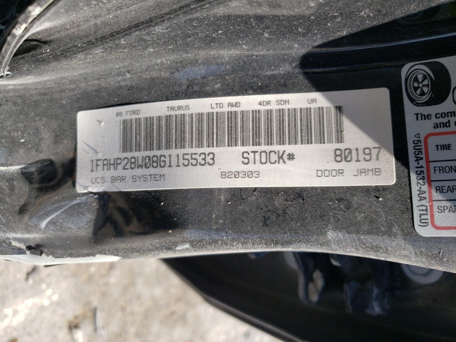 Photo 10 from auction – 2008 FORD TAURUS LIM with VIN 1FAHP28W08G115533