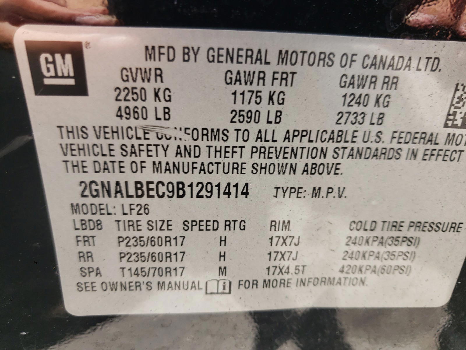 Photo 10 from auction – 2011 CHEVROLET EQUINOX with VIN 2GNALBEC9B1291414