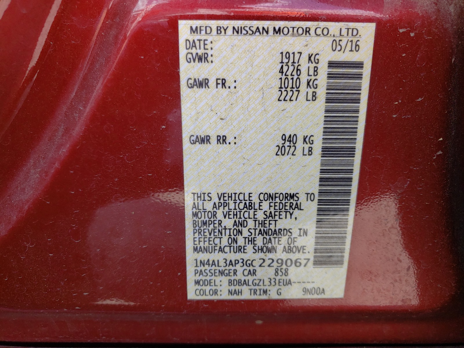 Photo 10 from auction – 2016 NISSAN ALTIMA 2.5 with VIN 1N4AL3AP3GC229067