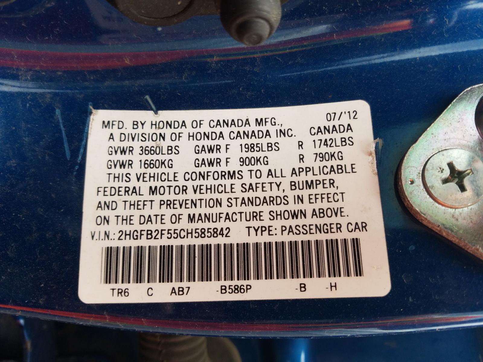 Photo 10 from auction – 2012 HONDA CIVIC LX with VIN 2HGFB2F55CH585842