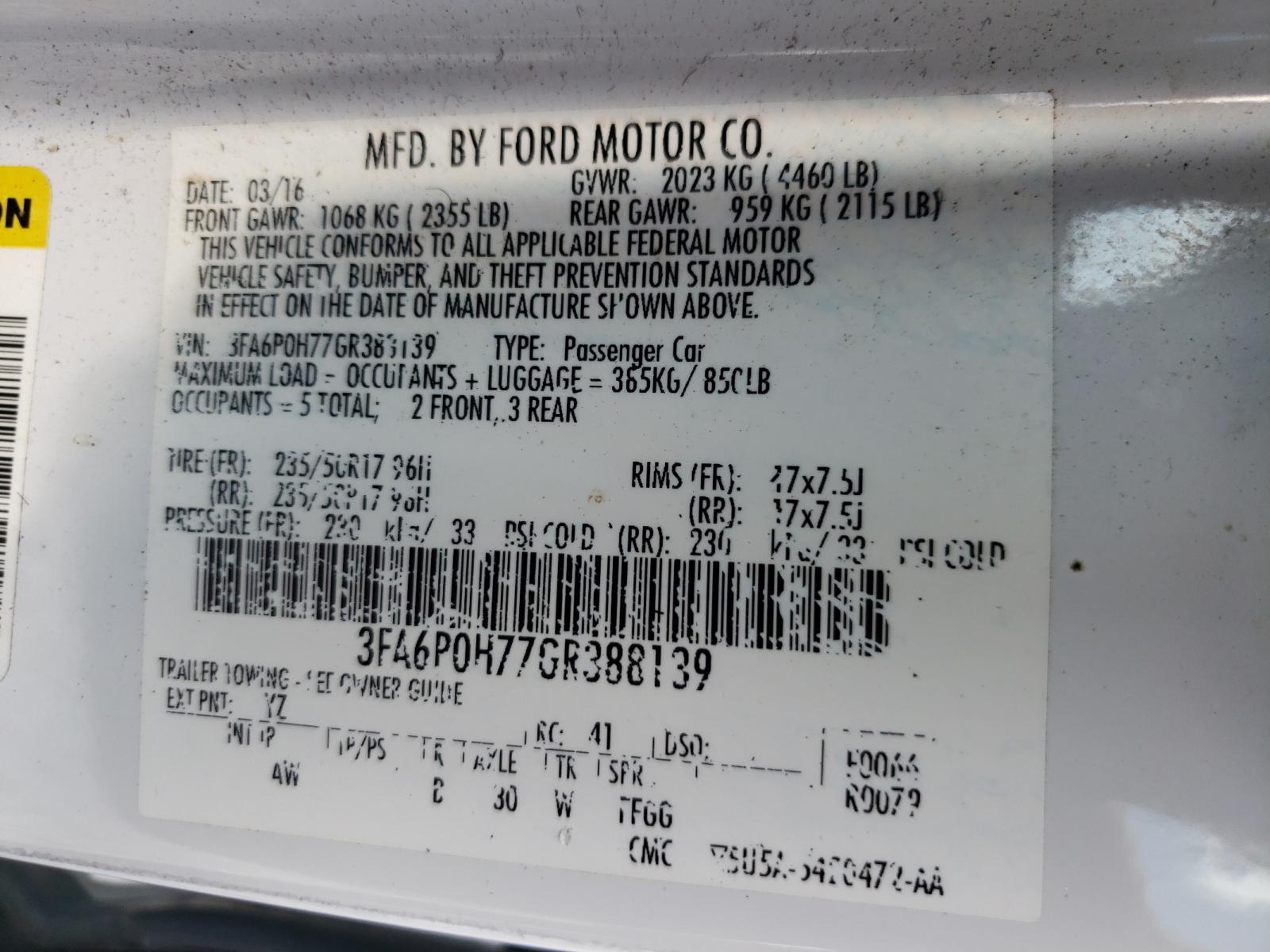 Photo 10 from auction – 2016 FORD FUSION SE with VIN 3FA6P0H77GR388139