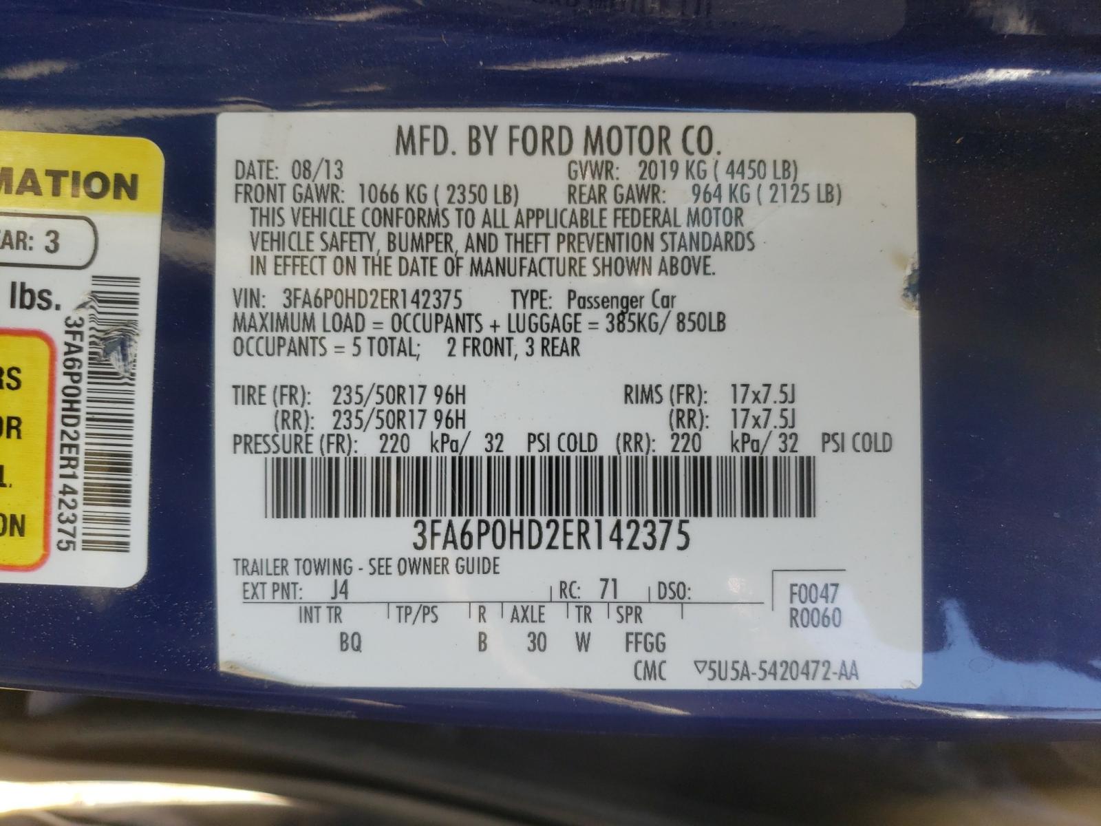 Photo 10 from auction – 2014 FORD FUSION SE with VIN 3FA6P0HD2ER142375
