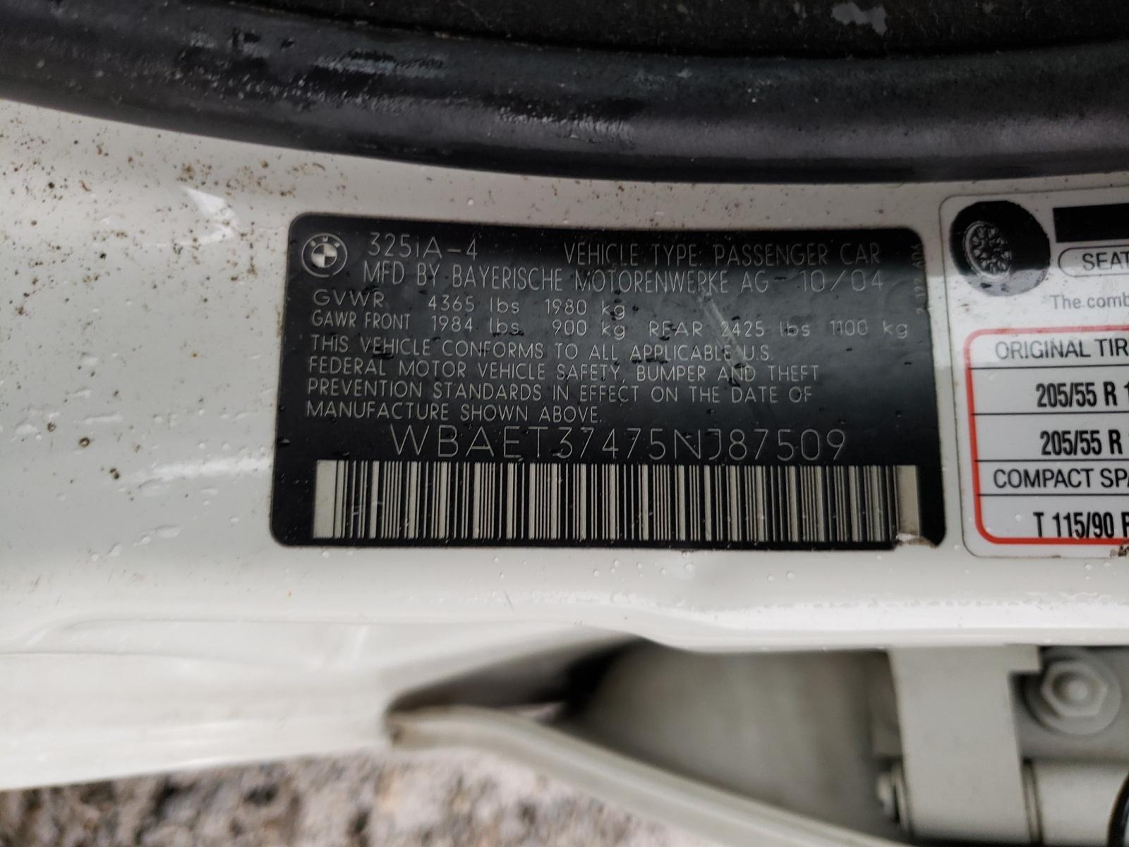 Photo 10 from auction – 2005 BMW 325 I with VIN WBAET37475NJ87509