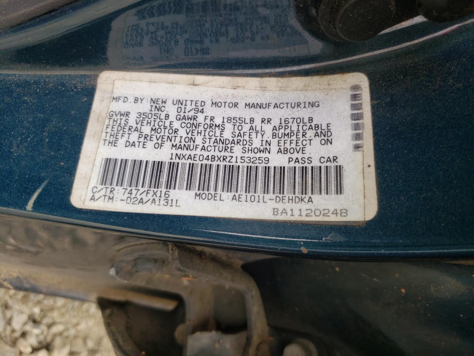 Photo 10 from auction – 1994 TOYOTA COROLLA with VIN 1NXAE04BXRZ153259