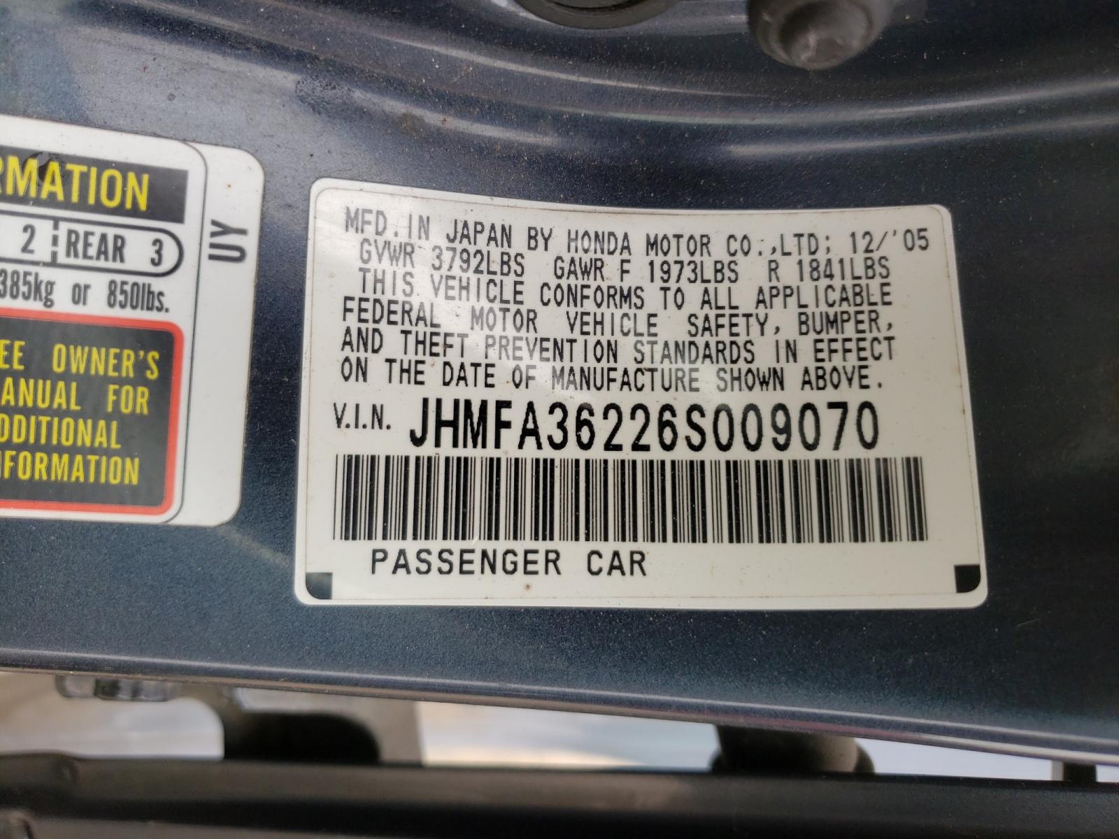 Photo 10 from auction – 2006 HONDA CIVIC HYBR with VIN JHMFA36226S009070