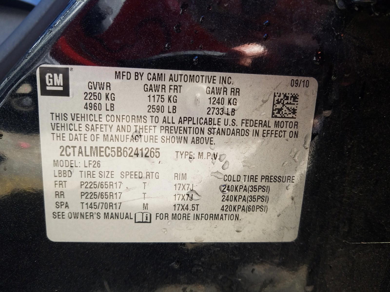 Photo 10 from auction – 2011 GMC TERRAIN SL with VIN 2CTALMEC5B6241265