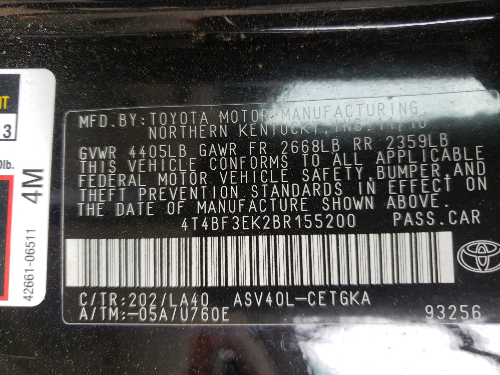 Photo 10 from auction – 2011 TOYOTA CAMRY BASE with VIN 4T4BF3EK2BR155200