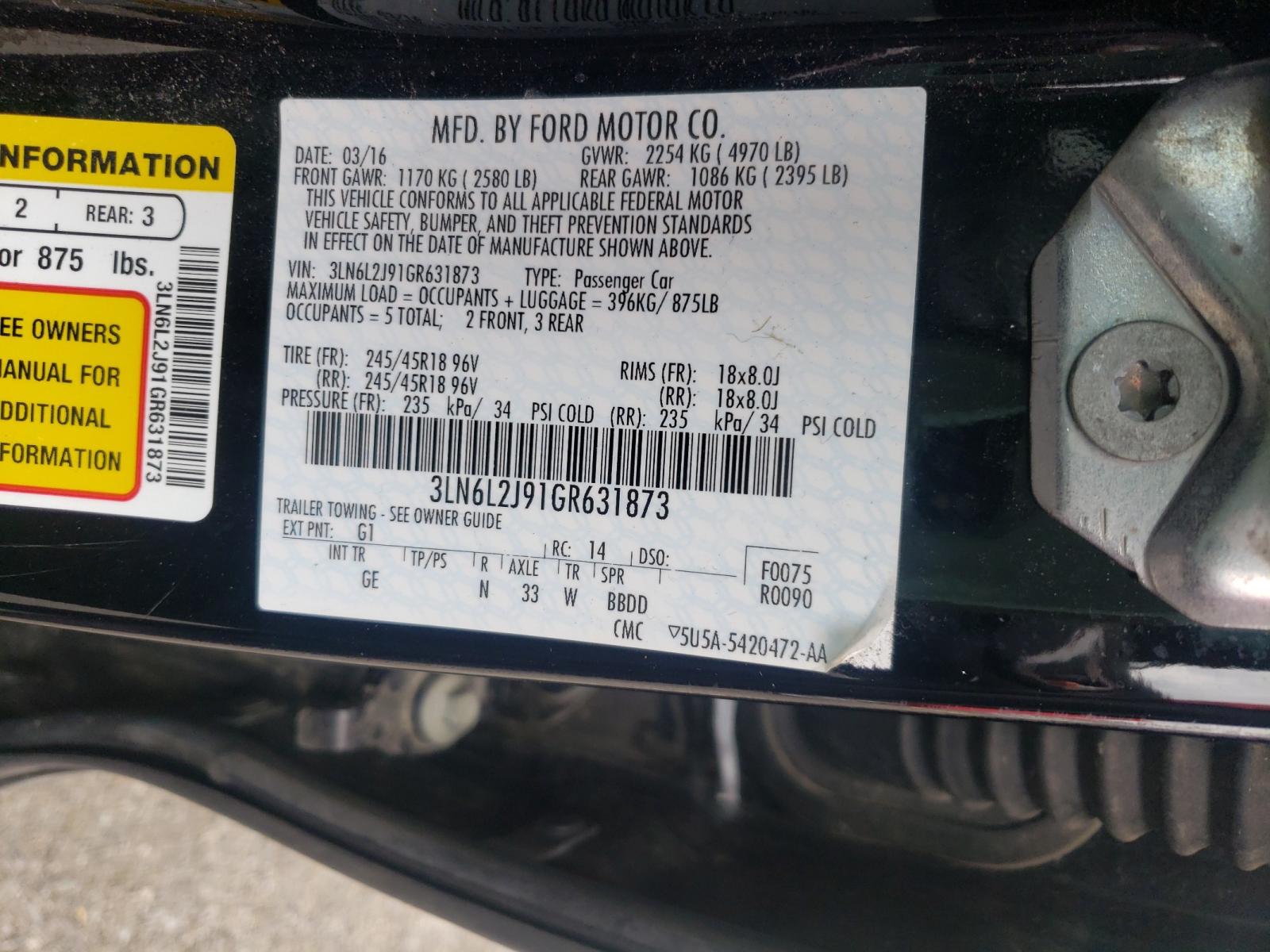 Photo 10 from auction – 2016 LINCOLN MKZ with VIN 3LN6L2J91GR631873