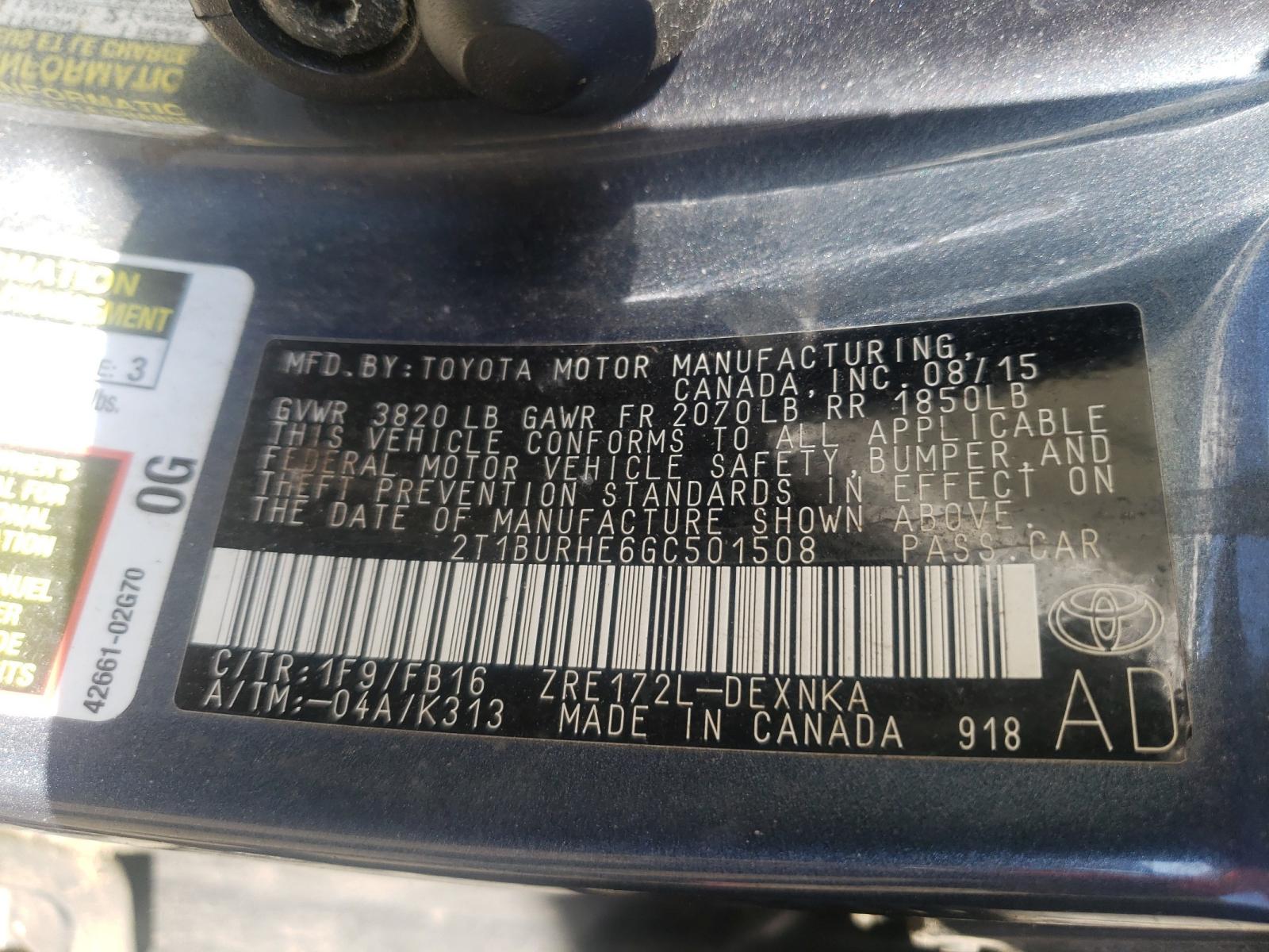 Photo 10 from auction – 2016 TOYOTA COROLLA L with VIN 2T1BURHE6GC501508