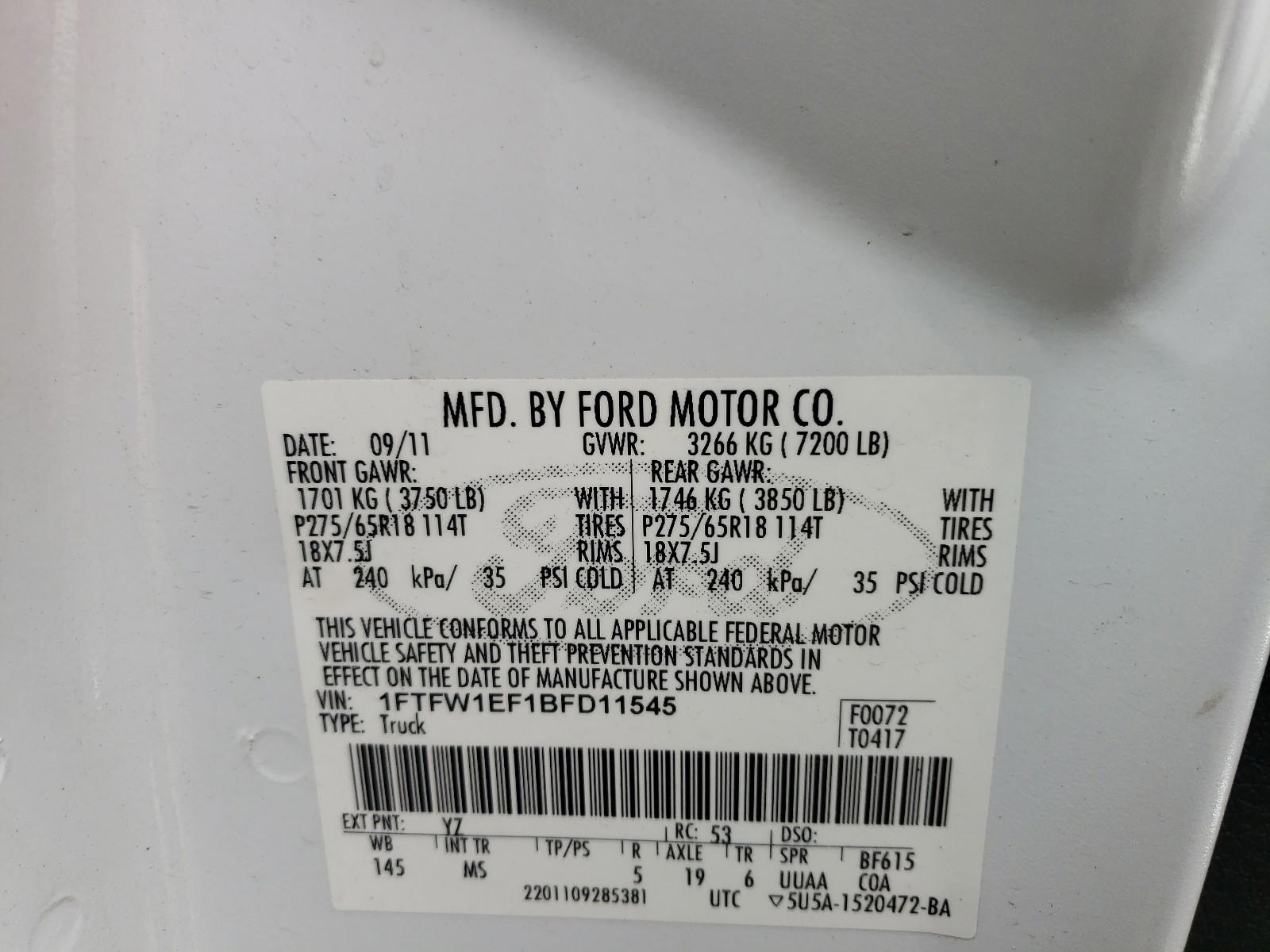 Photo 10 from auction – 2011 FORD F150 SUPER with VIN 1FTFW1EF1BFD11545