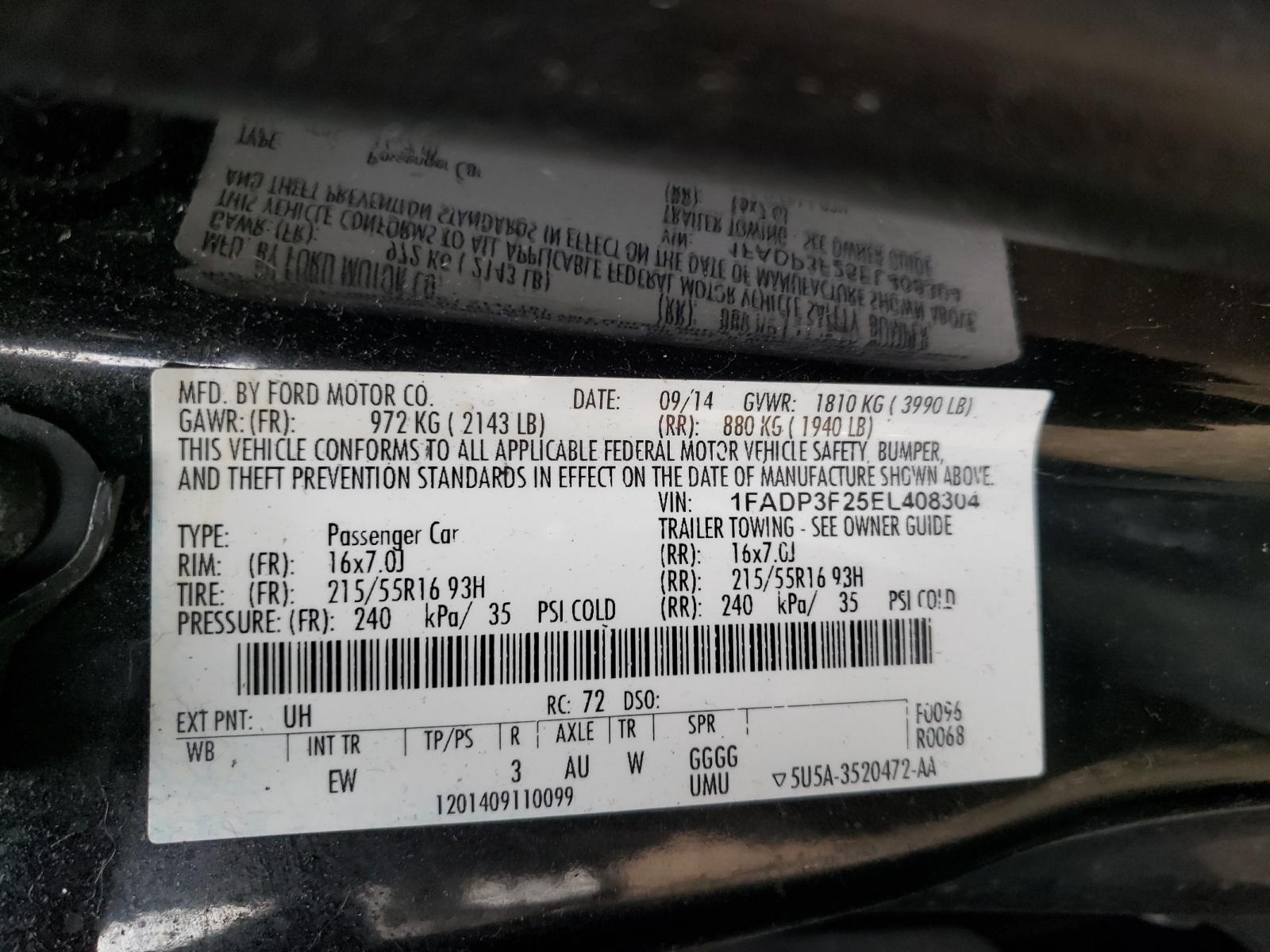 Photo 10 from auction – 2014 FORD FOCUS SE with VIN 1FADP3F25EL408304