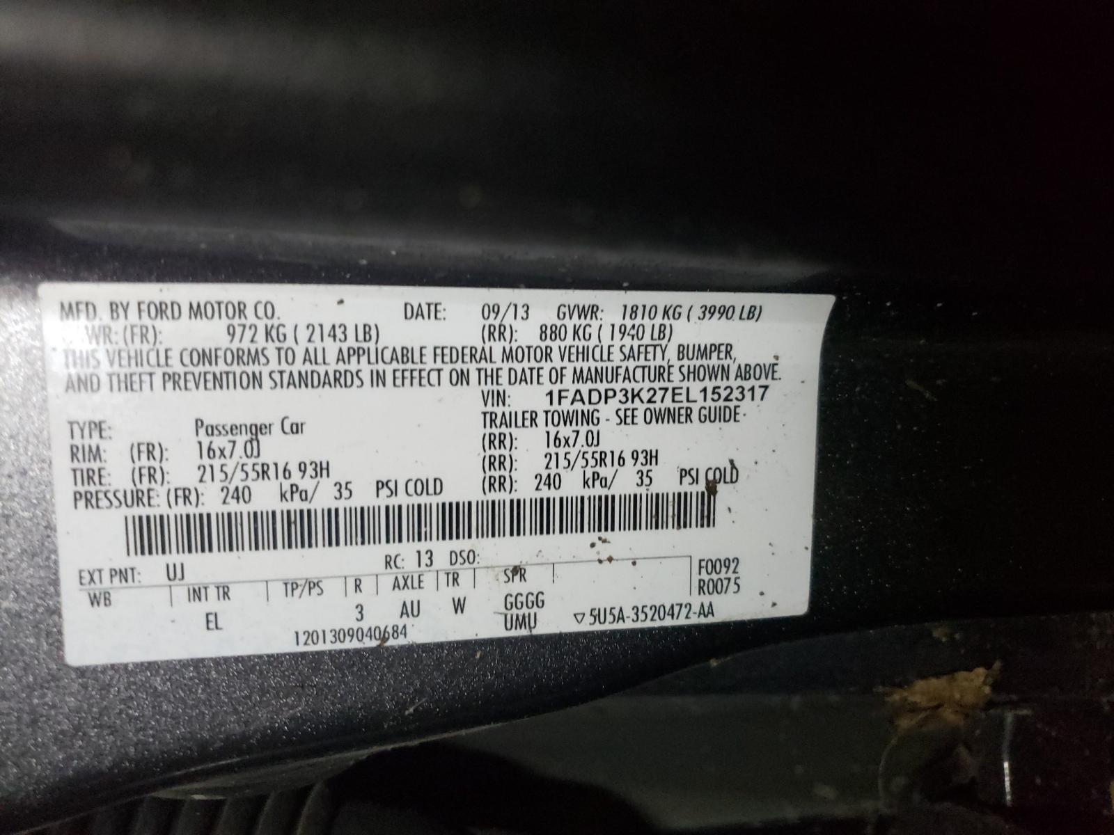 Photo 10 from auction – 2014 FORD FOCUS SE with VIN 1FADP3K27EL152317