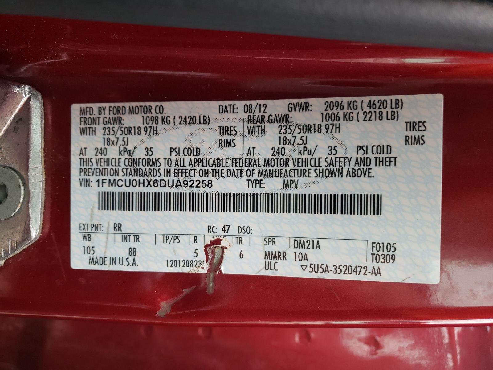 Photo 10 from auction – 2013 FORD ESCAPE SEL with VIN 1FMCU0HX6DUA92258