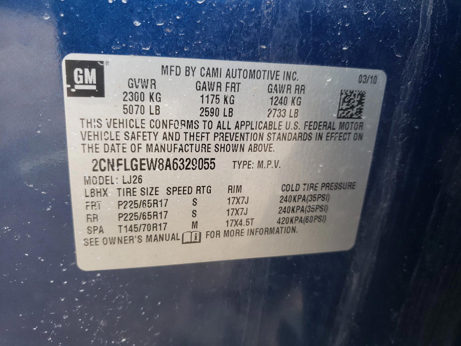 Photo 10 from auction – 2010 CHEVROLET EQUINOX LT with VIN 2CNFLGEW8A6329055
