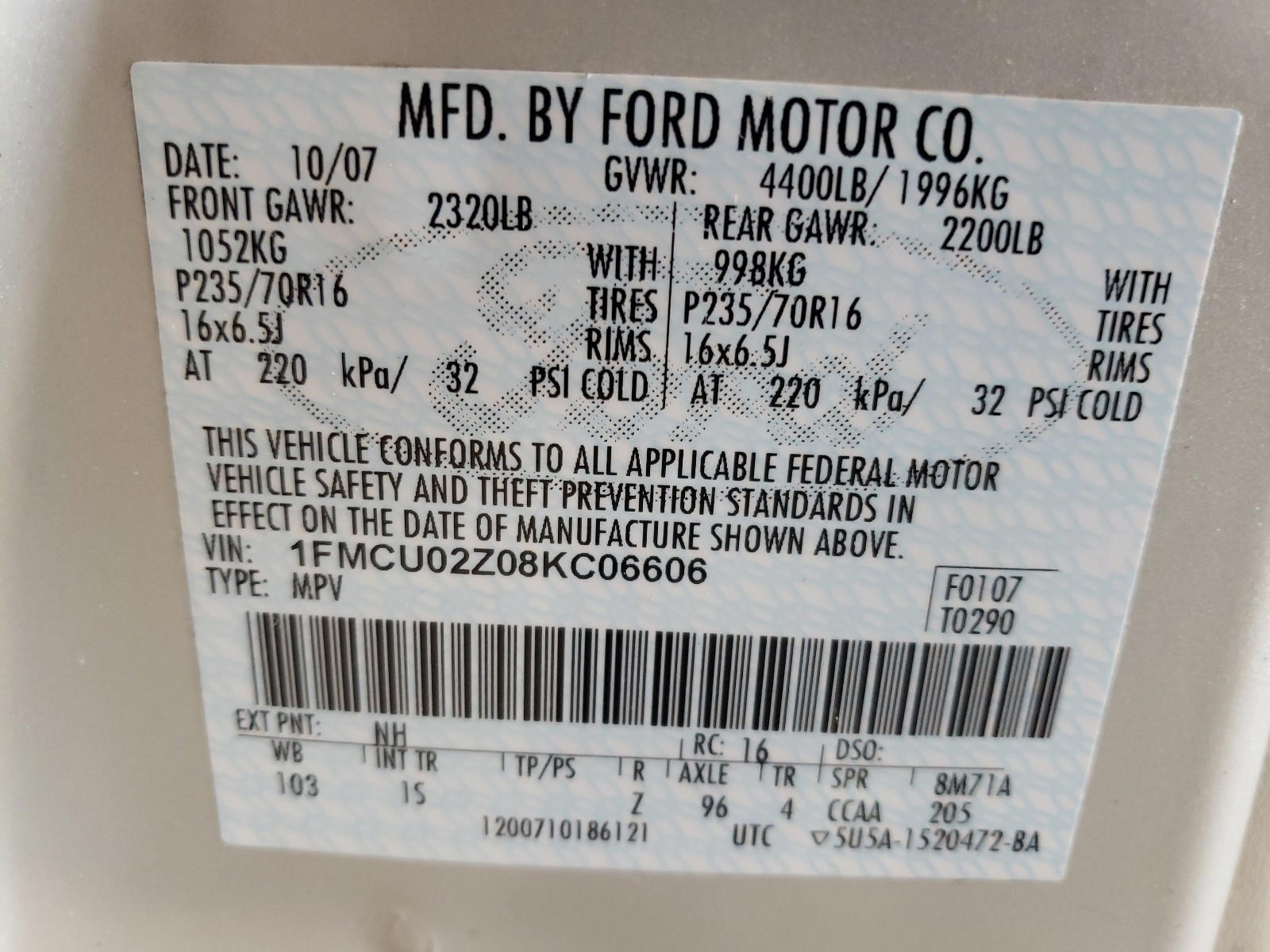 Photo 10 from auction – 2008 FORD ESCAPE XLS with VIN 1FMCU02Z08KC06606