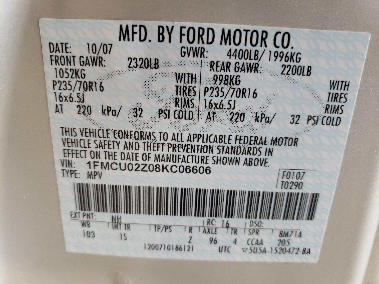 Zdjęcie 10 z aukcji – 2008 FORD ESCAPE XLS z VIN 1FMCU02Z08KC06606