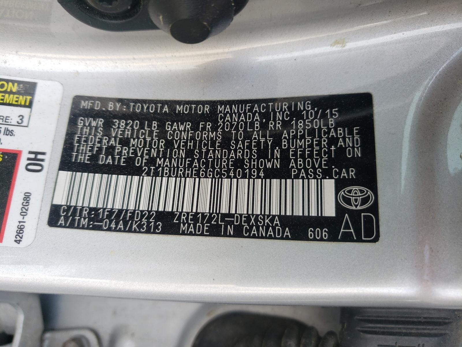 Photo 10 from auction – 2016 TOYOTA COROLLA L with VIN 2T1BURHE6GC540194