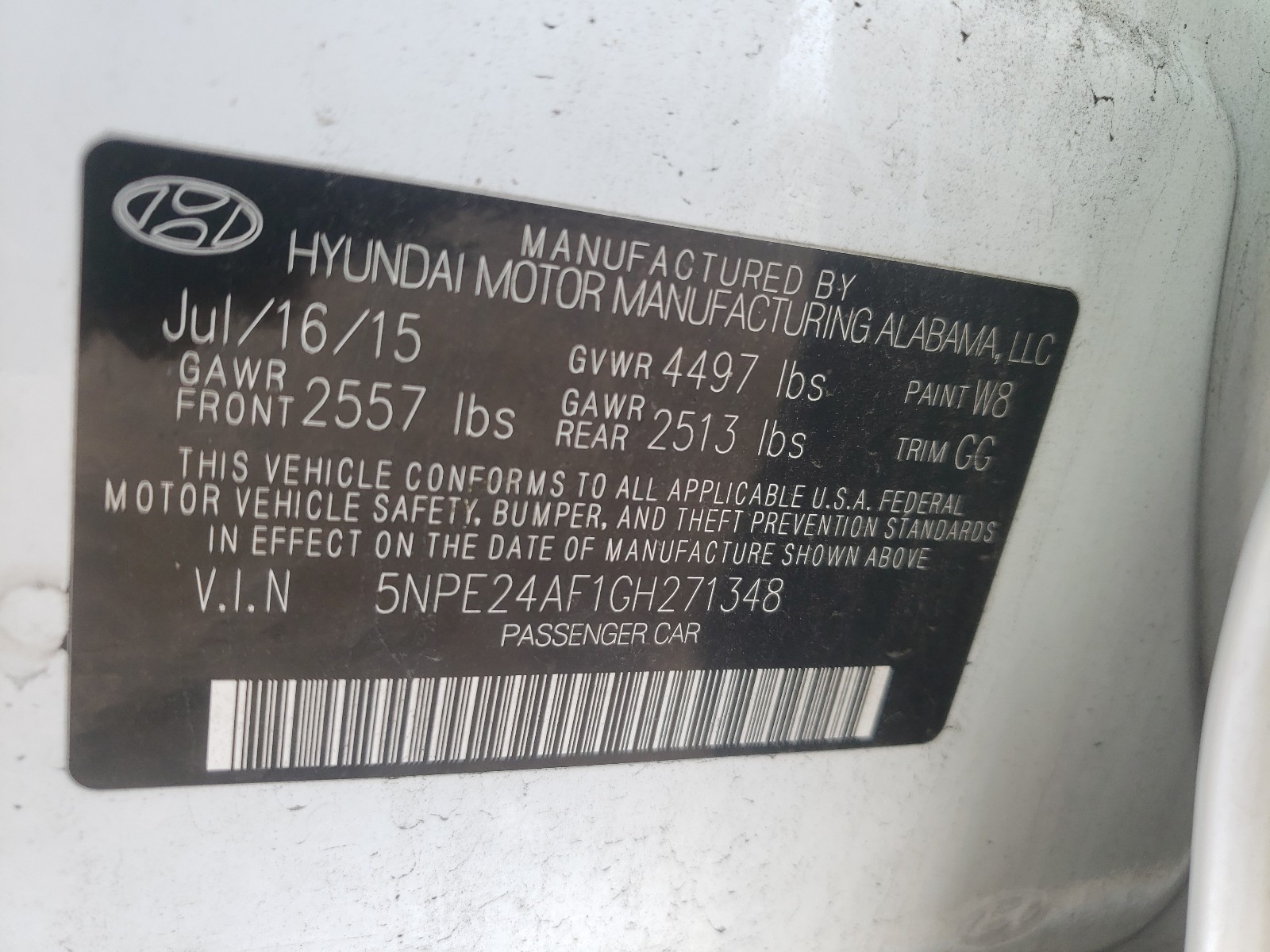 Photo 10 from auction – 2016 HYUNDAI SONATA SE with VIN 5NPE24AF1GH271348