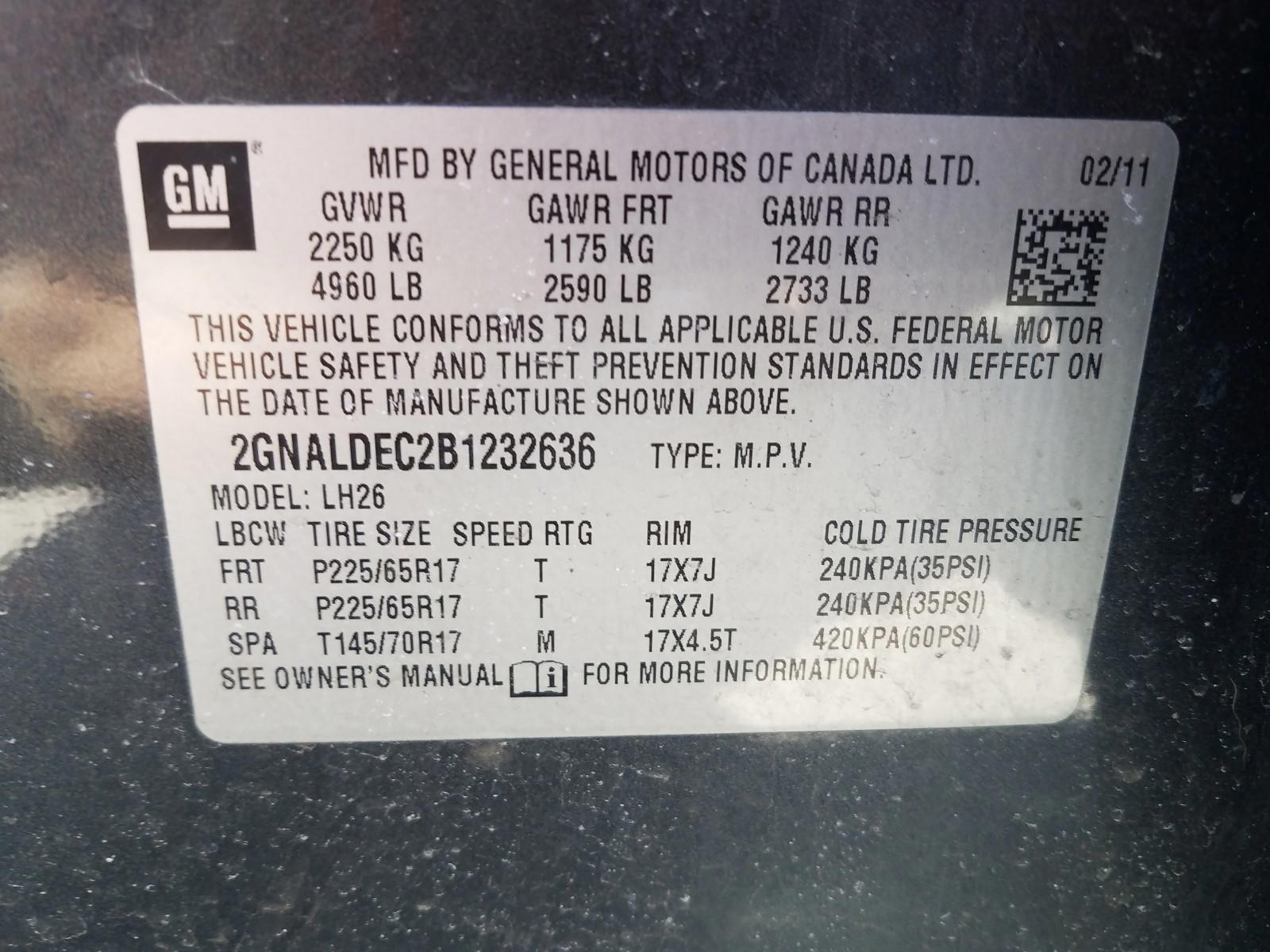 Photo 10 from auction – 2011 CHEVROLET EQUINOX LT with VIN 2GNALDEC2B1232636