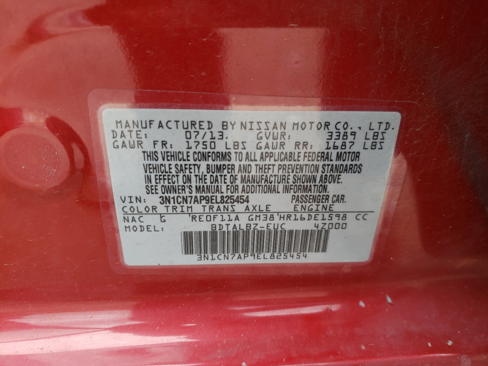 Photo 10 from auction – 2014 NISSAN VERSA S with VIN 3N1CN7AP9EL825454