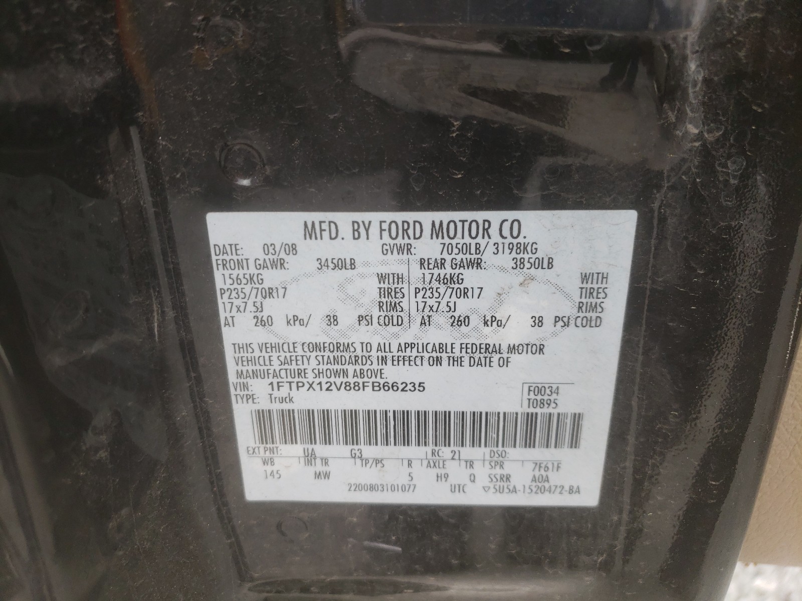 Photo 10 from auction – 2008 FORD F150 with VIN 1FTPX12V88FB66235