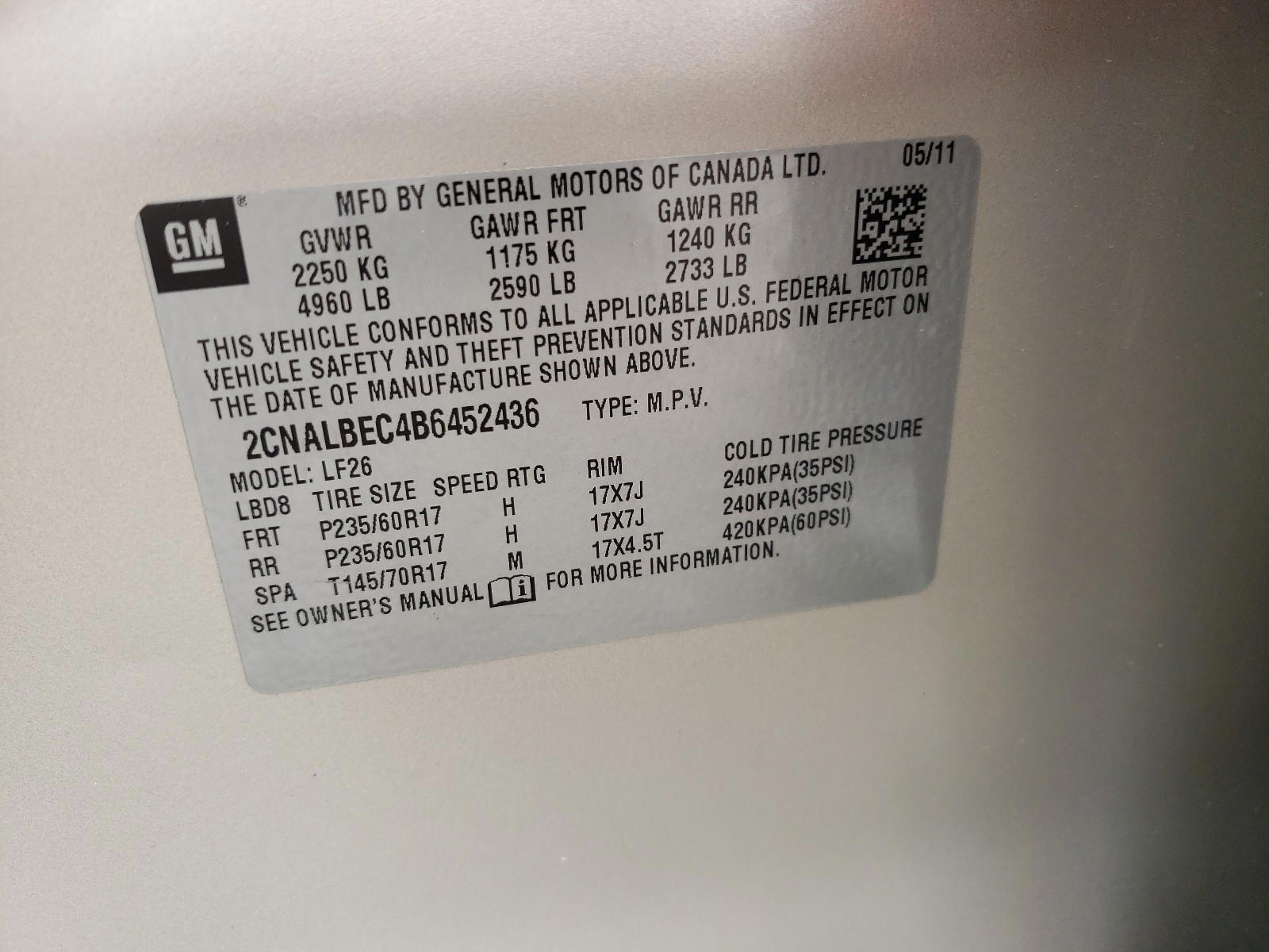 Photo 10 from auction – 2011 CHEVROLET EQUINOX LS with VIN 2CNALBEC4B6452436