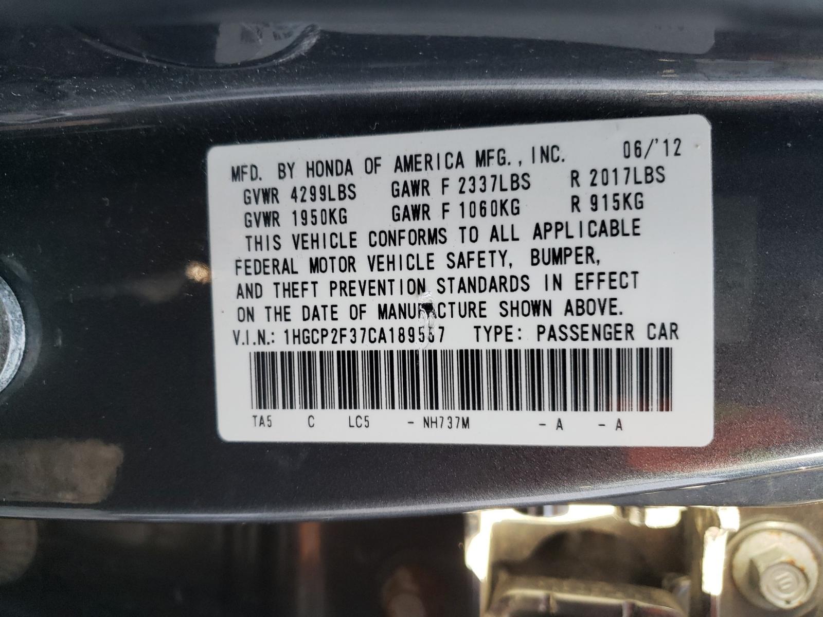 Photo 10 from auction – 2012 HONDA ACCORD LX with VIN 1HGCP2F37CA189557