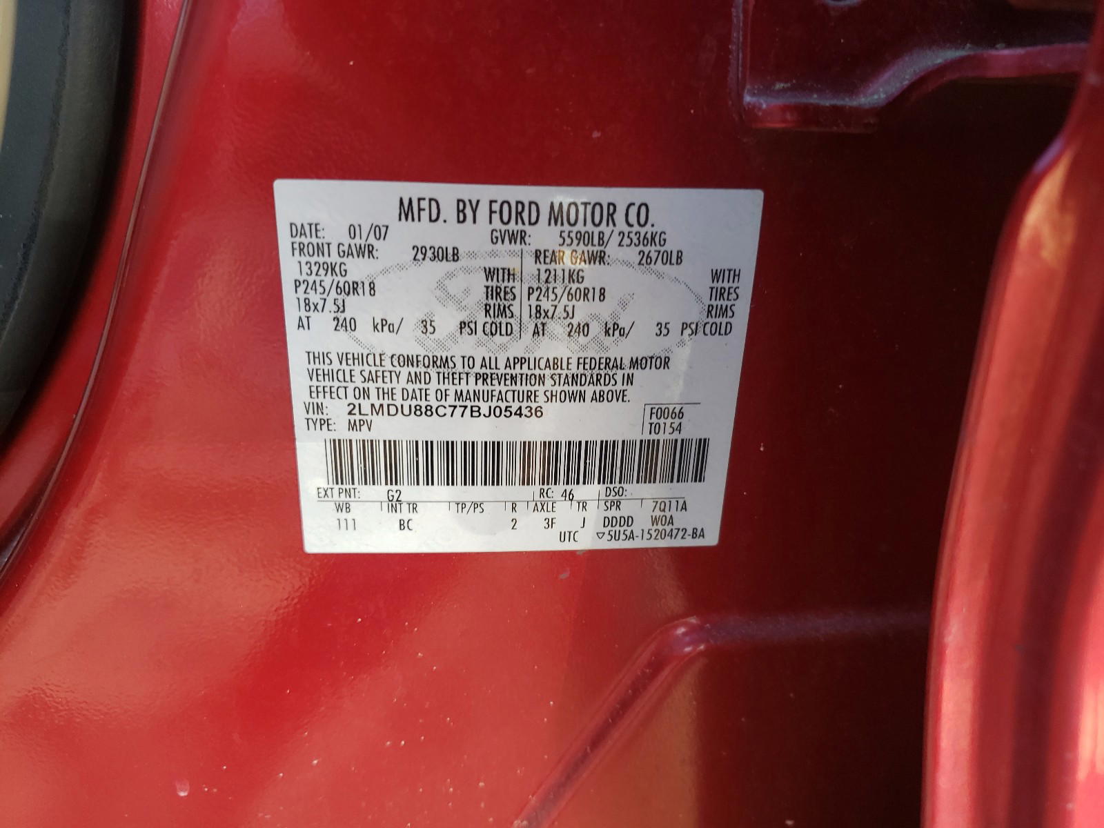 Photo 10 from auction – 2007 LINCOLN MKX with VIN 2LMDU88C77BJ05436