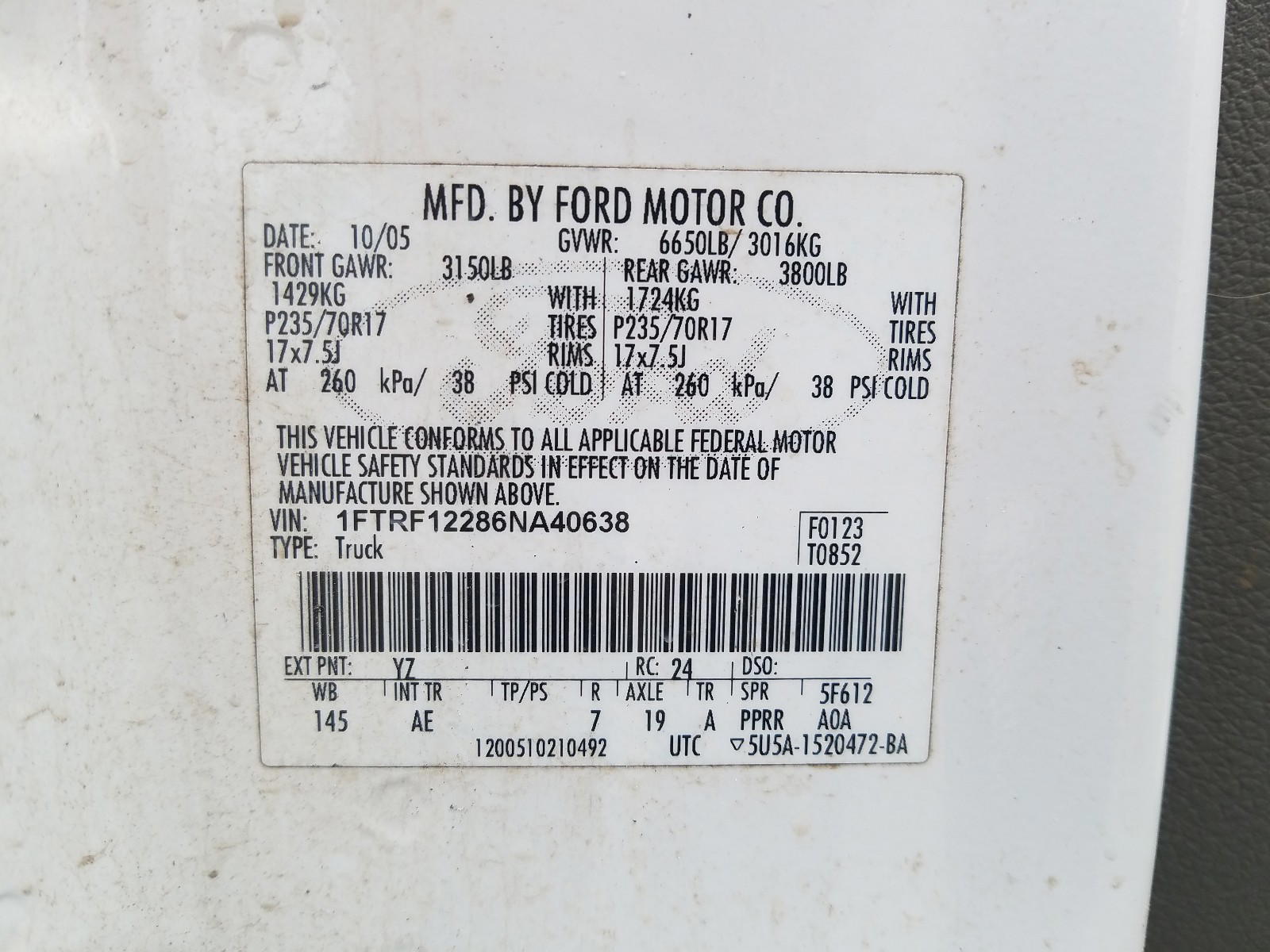 Photo 10 from auction – 2006 FORD F150 with VIN 1FTRF12286NA40638