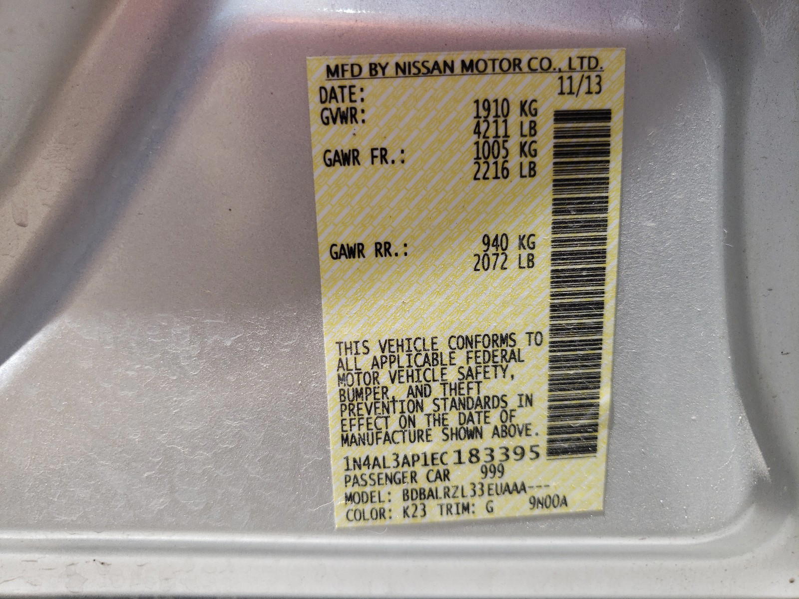 Photo 10 from auction – 2014 NISSAN ALTIMA 2.5 with VIN 1N4AL3AP1EC183395