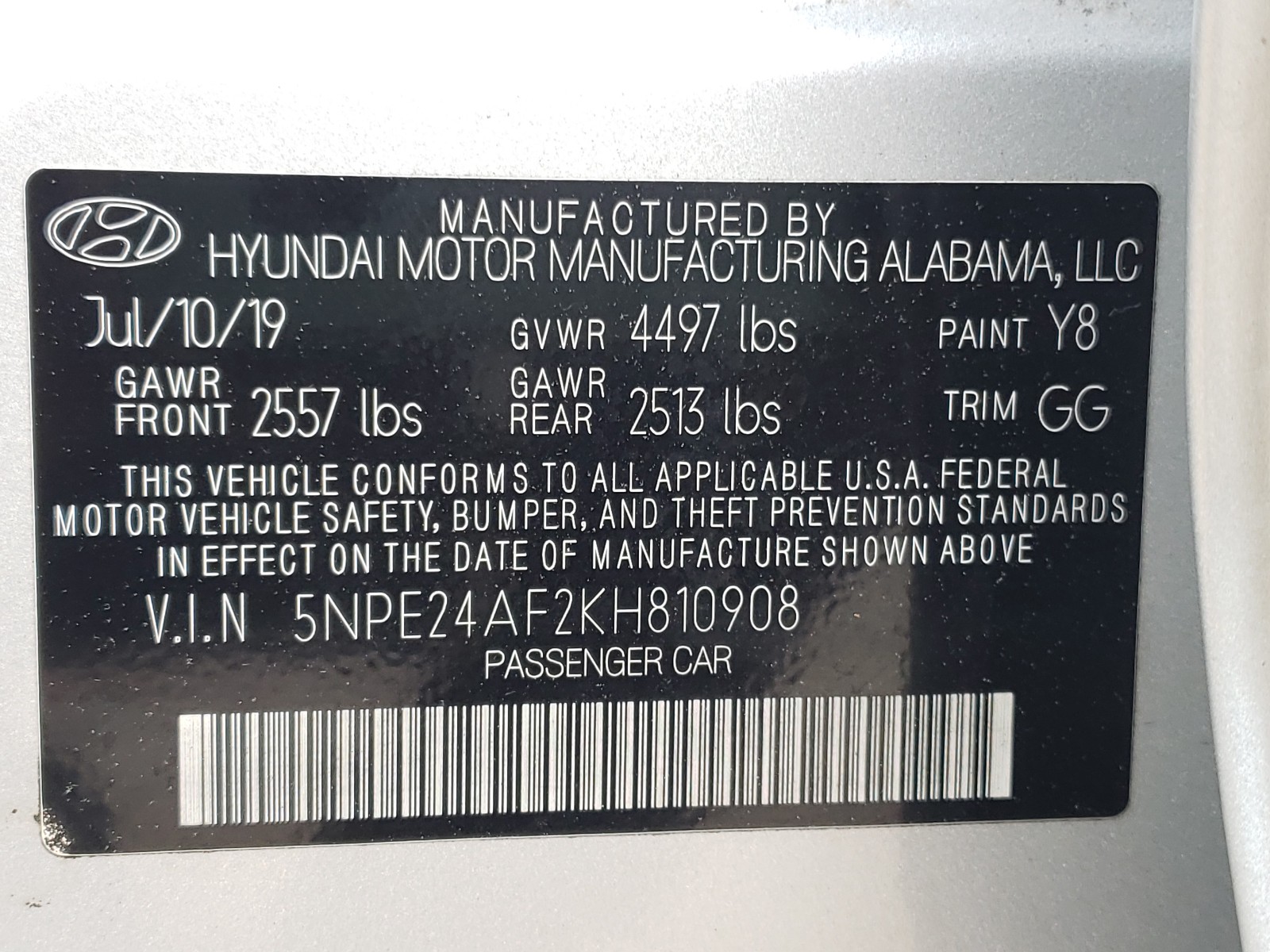 Photo 10 from auction – 2019 HYUNDAI SONATA SE with VIN 5NPE24AF2KH810908