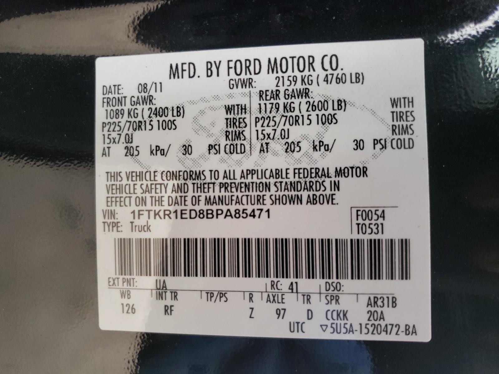Photo 10 from auction – 2011 FORD RANGER SUP with VIN 1FTKR1ED8BPA85471
