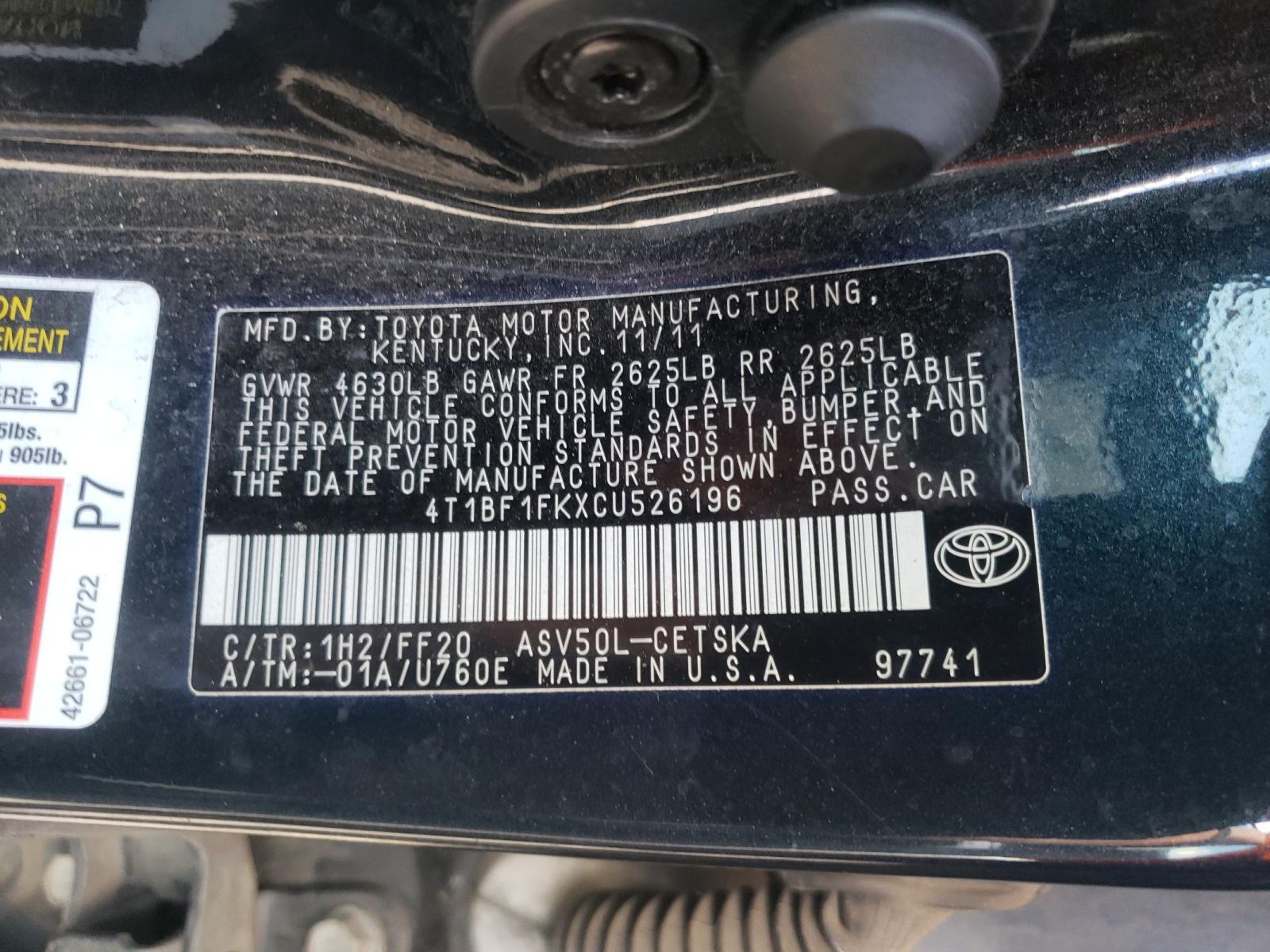 Photo 10 from auction – 2012 TOYOTA CAMRY BASE with VIN 4T1BF1FKXCU526196