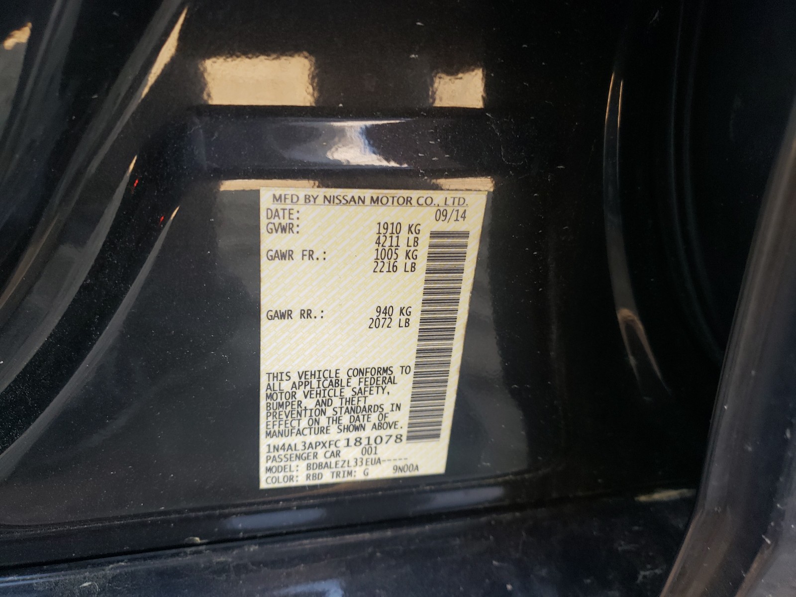 Photo 10 from auction – 2015 NISSAN ALTIMA 2.5 with VIN 1N4AL3APXFC181078