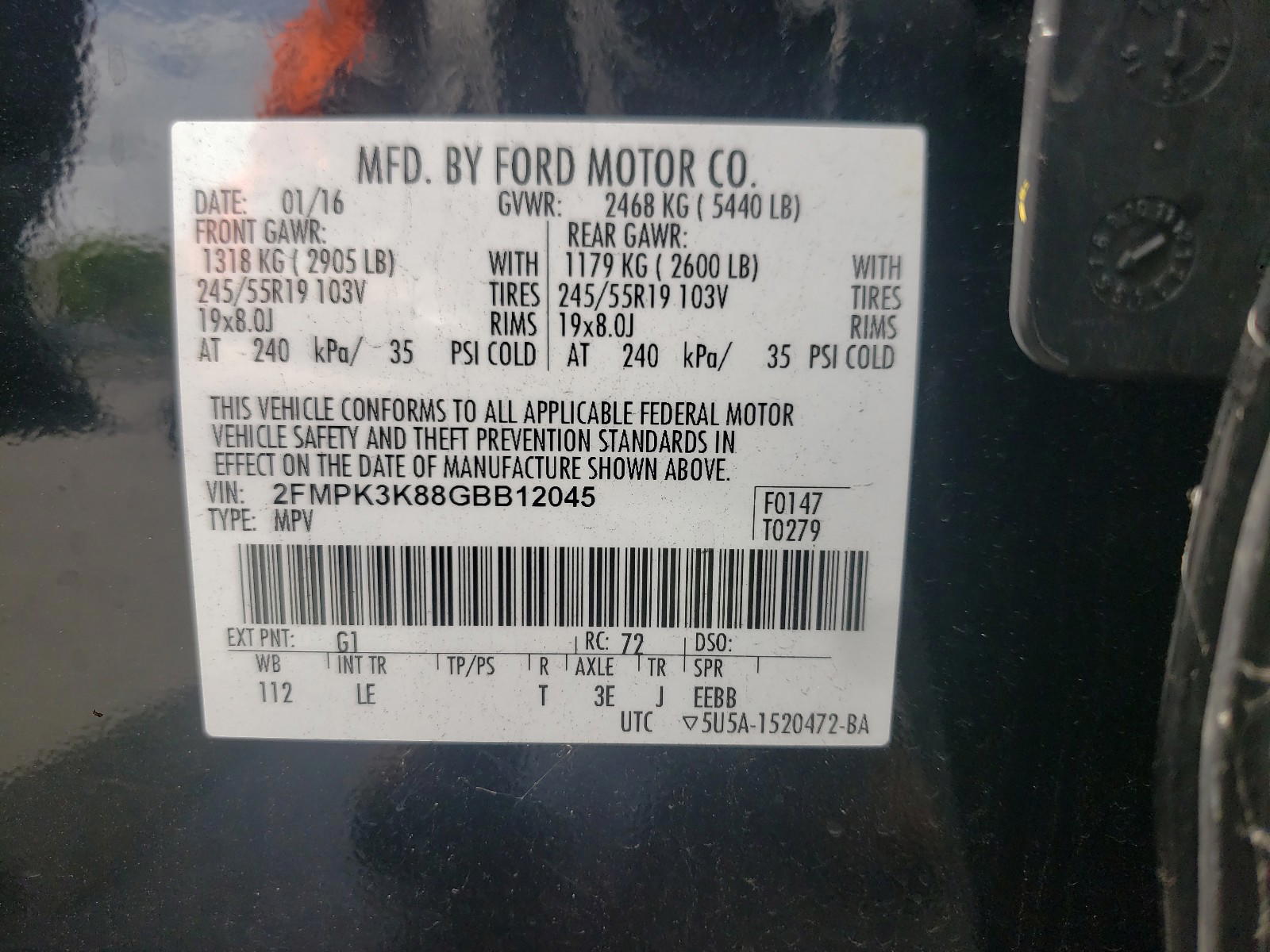 Photo 10 from auction – 2016 FORD EDGE TITAN with VIN 2FMPK3K88GBB12045