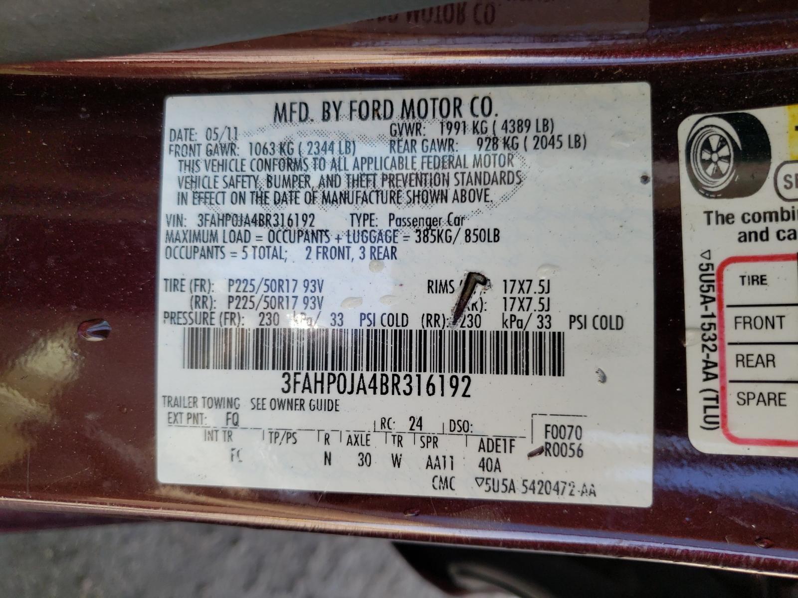 Photo 10 from auction – 2011 FORD FUSION SEL with VIN 3FAHP0JA4BR316192